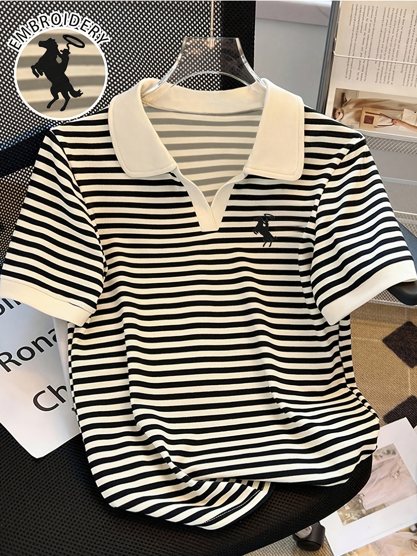 Knight Stripe Embroidered Women's Neck Short Sleeve T-Shirt, Stylish Stripe Contrast Color Versatile Casual Summer Top, Machine Washable All - Season Comfort Fit - veyora