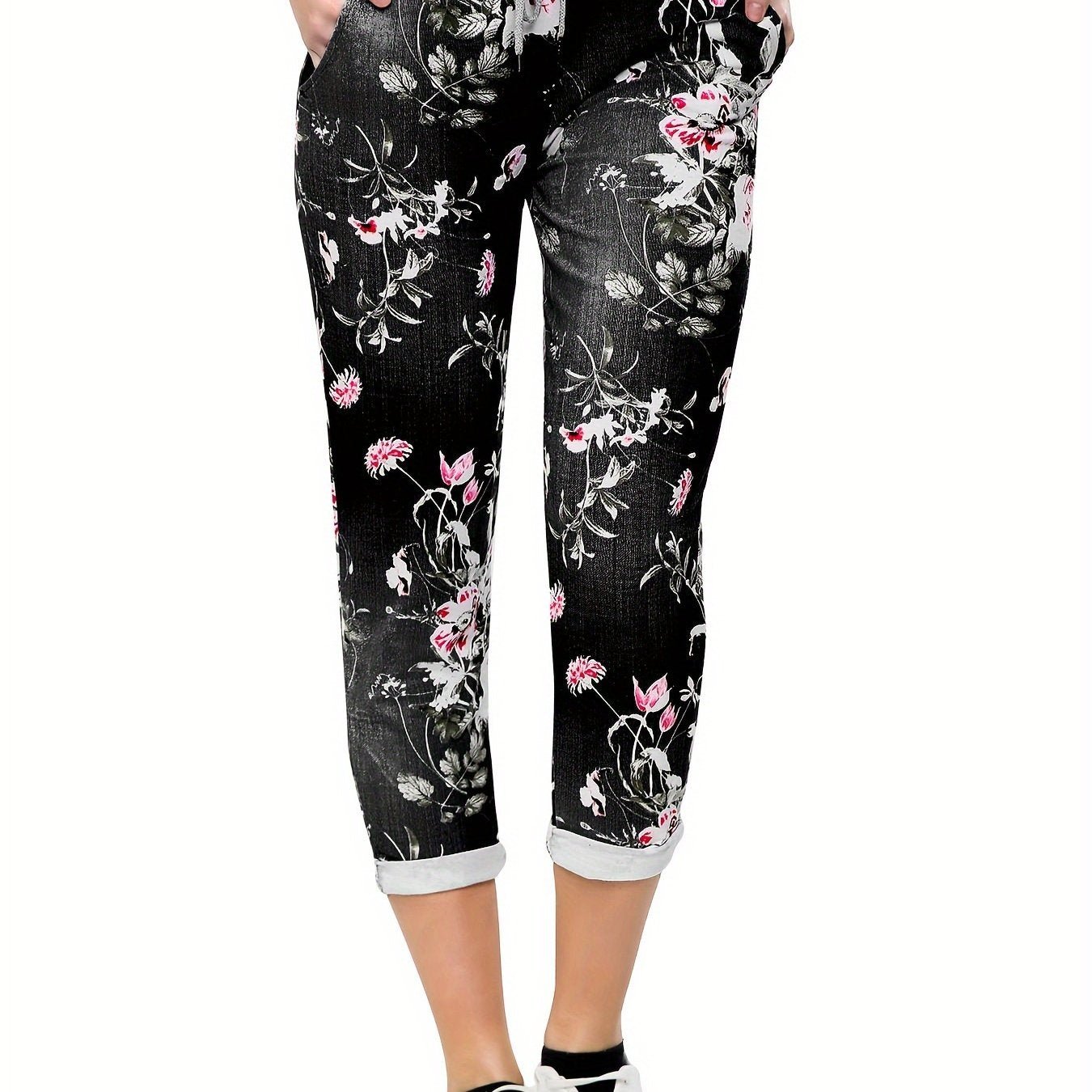 Floral Print Drawstring Capri Pants - veyora