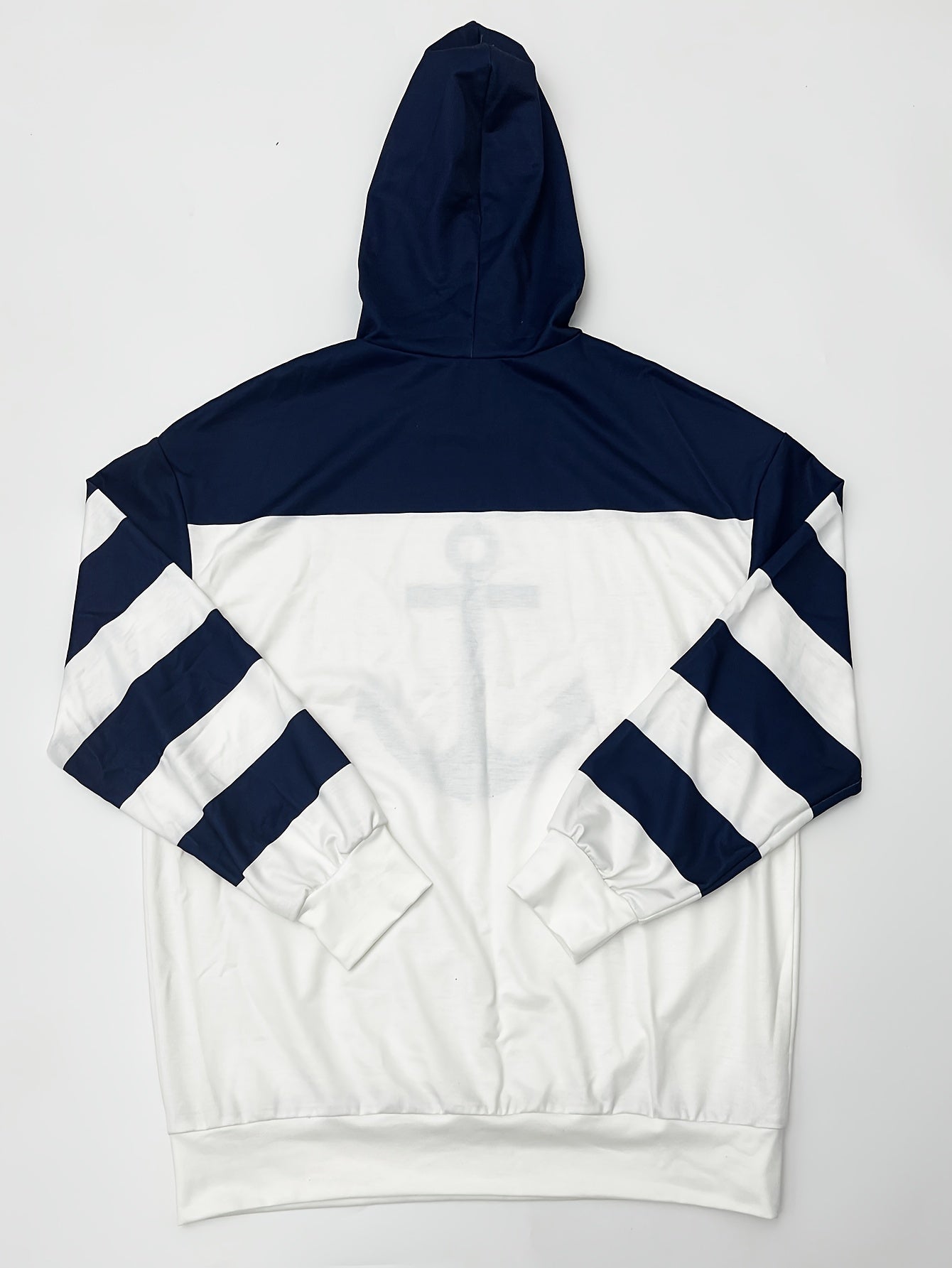 Anchor Print Drawstring Hoodies, Casual Color Block Long Sleeve Sweatshirt, Women's Clothing - veyora