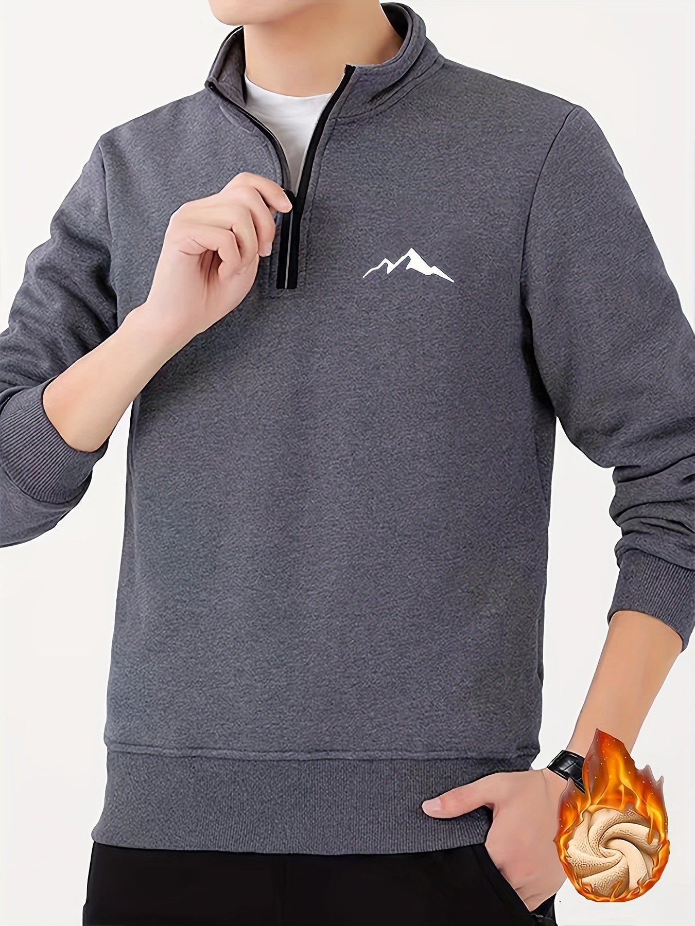 Men's Thermal Fleece - Lined Winter Pullover with 1/4 Zipper, Stand Collar & Geometric Print - 300gsm Polyester Casual Outdoor Wear, Machine Washable - veyora
