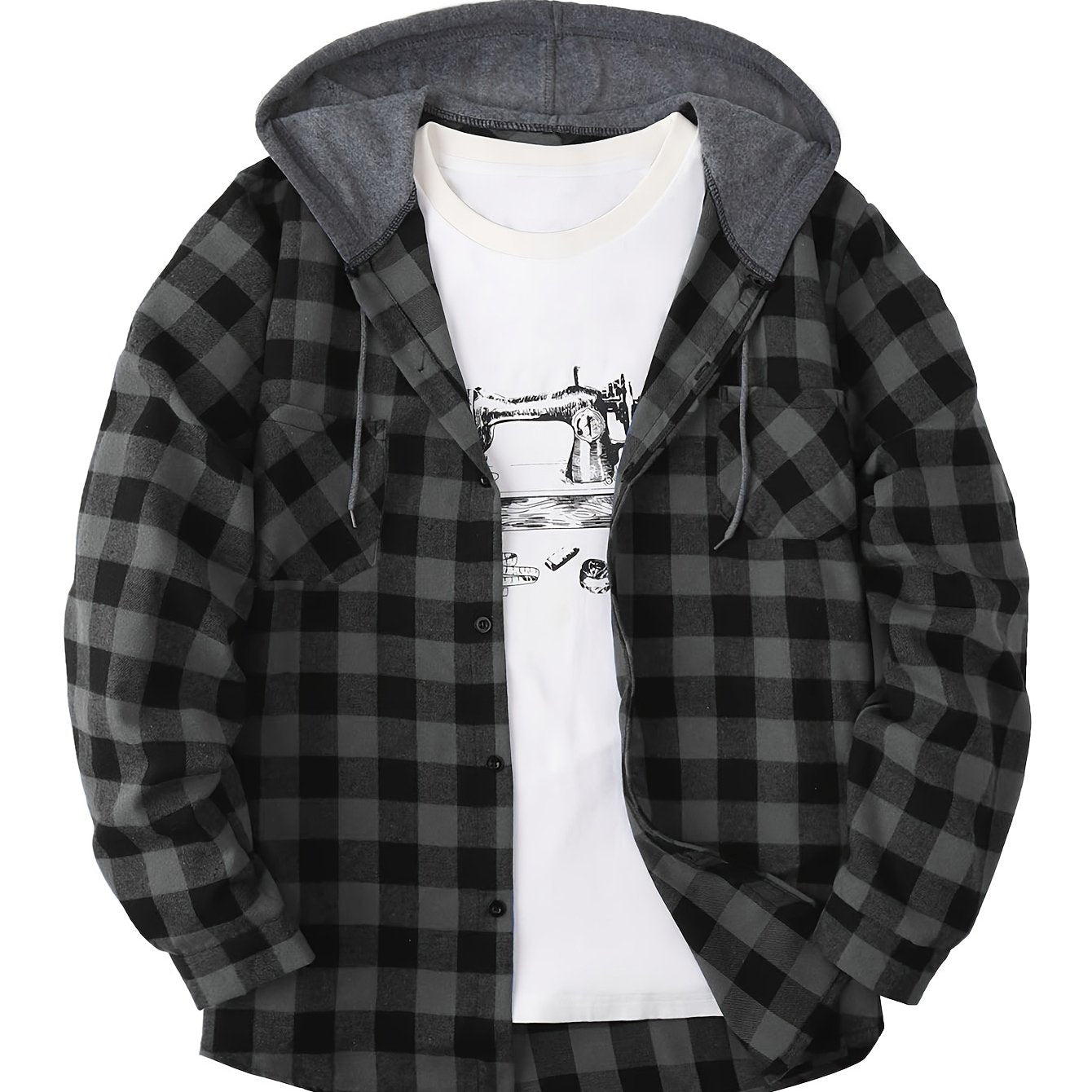 Men's Plaid Hooded Shirt Coat, Long Sleeve, Button Up, Casual Fit - veyora