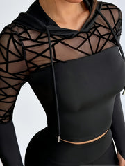A New Style Women'S Casual Sports Long - Sleeve Cropped Hoodie, Lightweight And Thin, Featuring a Sexy Geometric Mesh Design with Thumb Holes, Comfortable And Breathable, Quick - Drying, Suitable for Workouts, Fitness, Yoga, Dance, Running - veyora