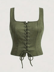 Vintage Elegant Lace - Up Drawstring Top Vest - veyora