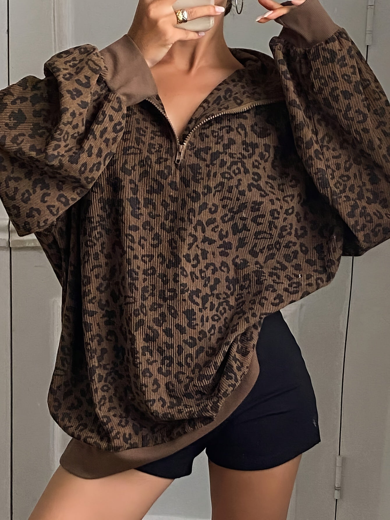 Spring/Summer/Autumn Women's Casual Zip - Up Long Sleeve Leopard Print Sweatshirt with Turn - Collar - veyora