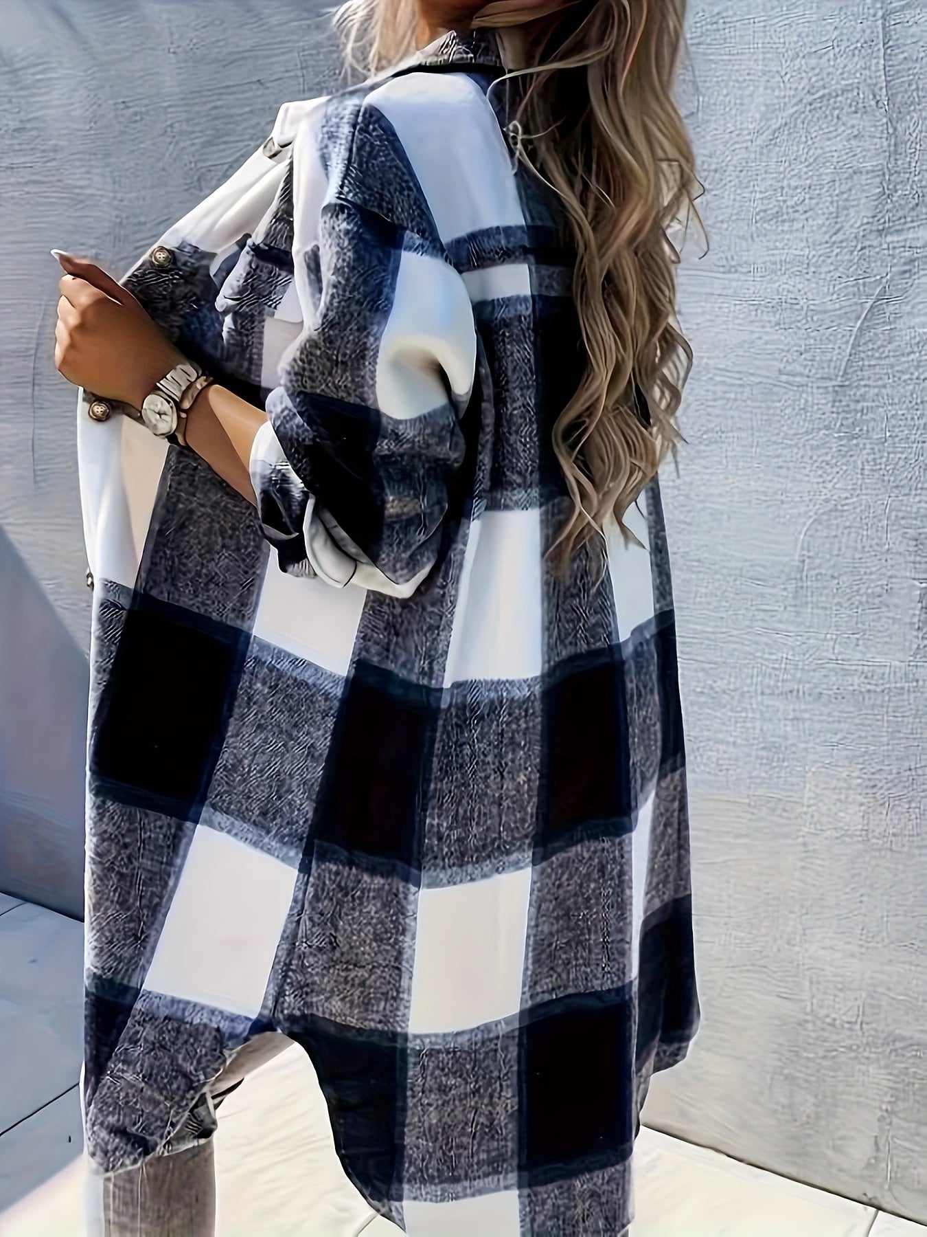 Plaid Print Long Length Jacket, Casual Button Front Flap Pockets Outwear, Women's Clothing