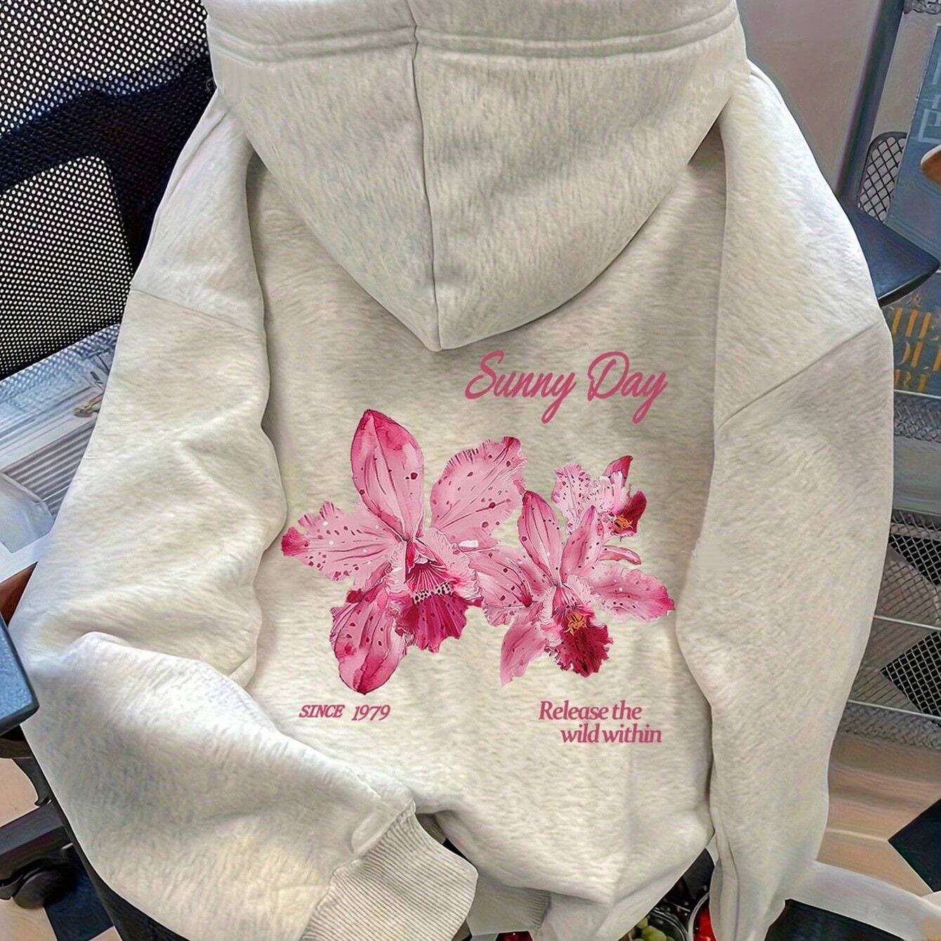 Women's Hoodie with Letter and Floral Pattern Back Print Kangaroo Pocket. New Autumn/Winter Versatile Top - veyora
