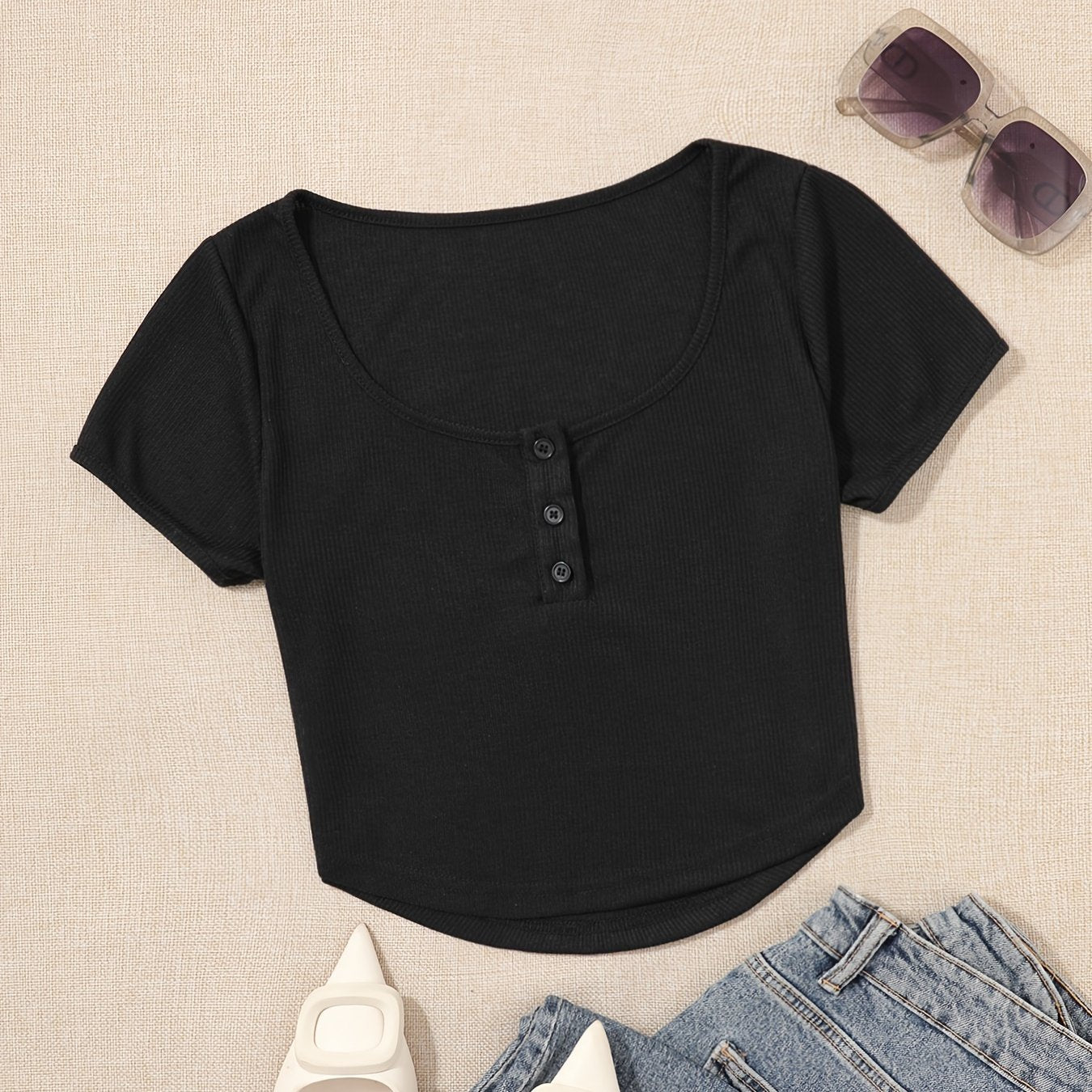 Sexy Crew Neck Short Sleeve Crop Top | Solid Color, Medium Stretch Fabric, Asymmetrical Detail, Ideal For Spring And Summer - veyora