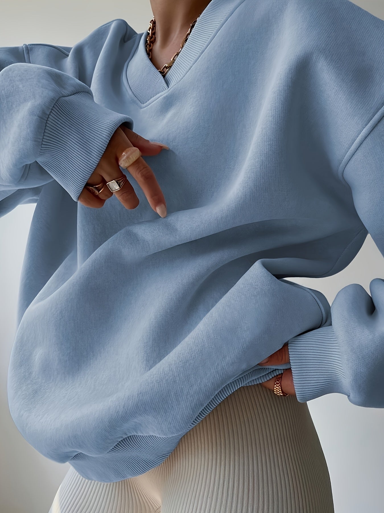 Women'S Fashion Large Cross - collar Loose Version Sweatshirt | Casual V - neck, Slight Stretch Fabric, Solid Color, Fall/Winter Season, Pullover Style, Brand: WCQ - veyora