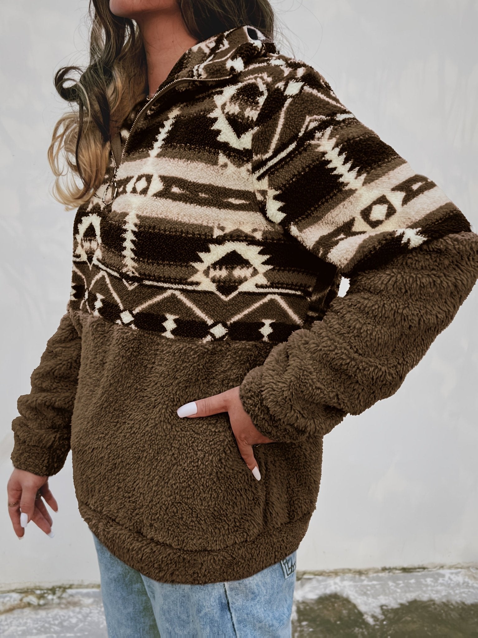 Geo Pattern Half Zipper Teddy Sweatshirt, Casual Long Sleeve Sweatshirt For Fall & Winter, Women's Clothing - veyora