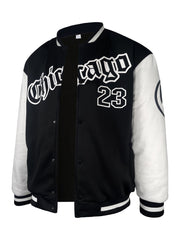 Men's Casual Letter Print Color Block Varsity Jacket, Chic Style Baseball Collar Jacket - veyora