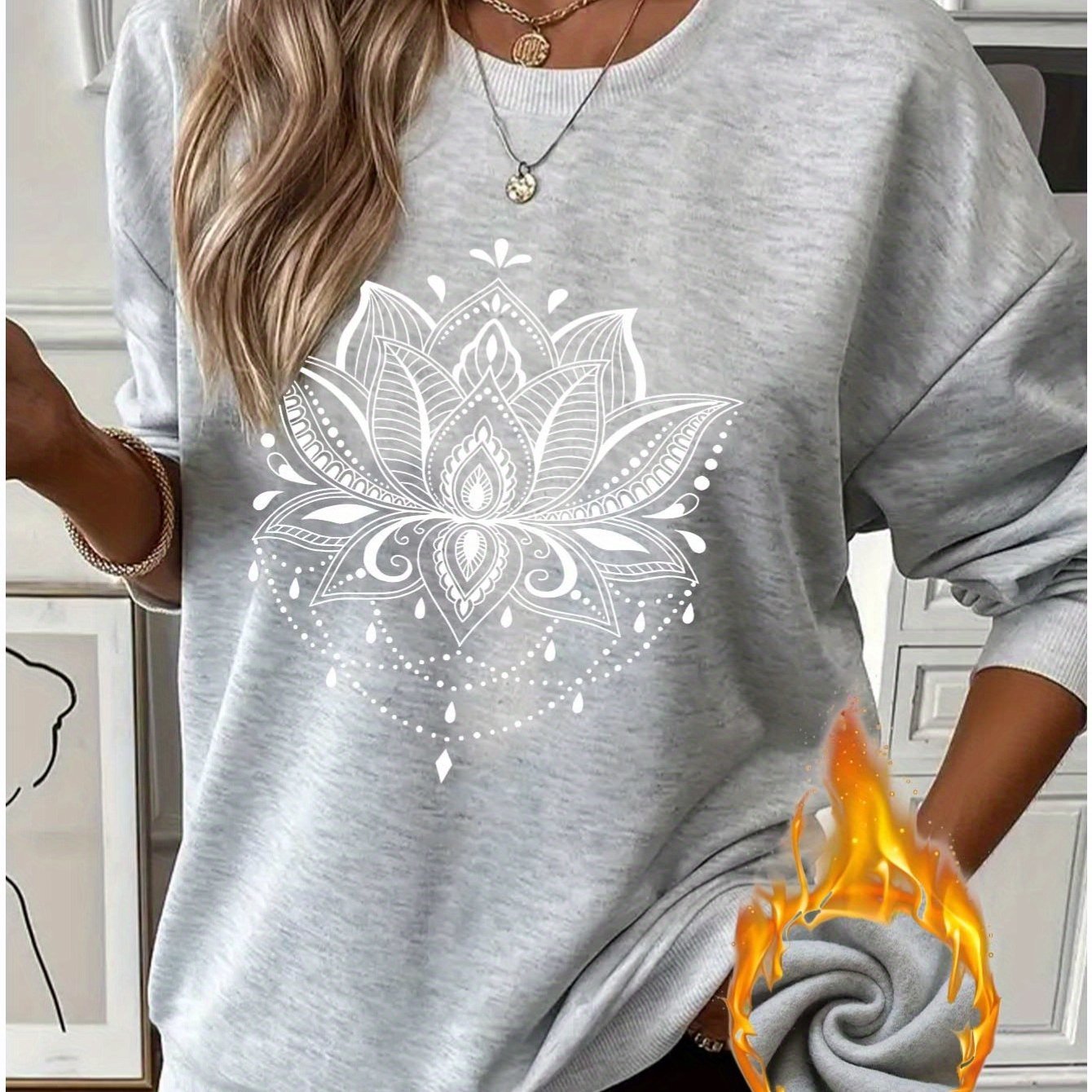 Mandala for Lotus Pattern Print Women's Daily Casual Plus Thickened Pullover Sweater - veyora