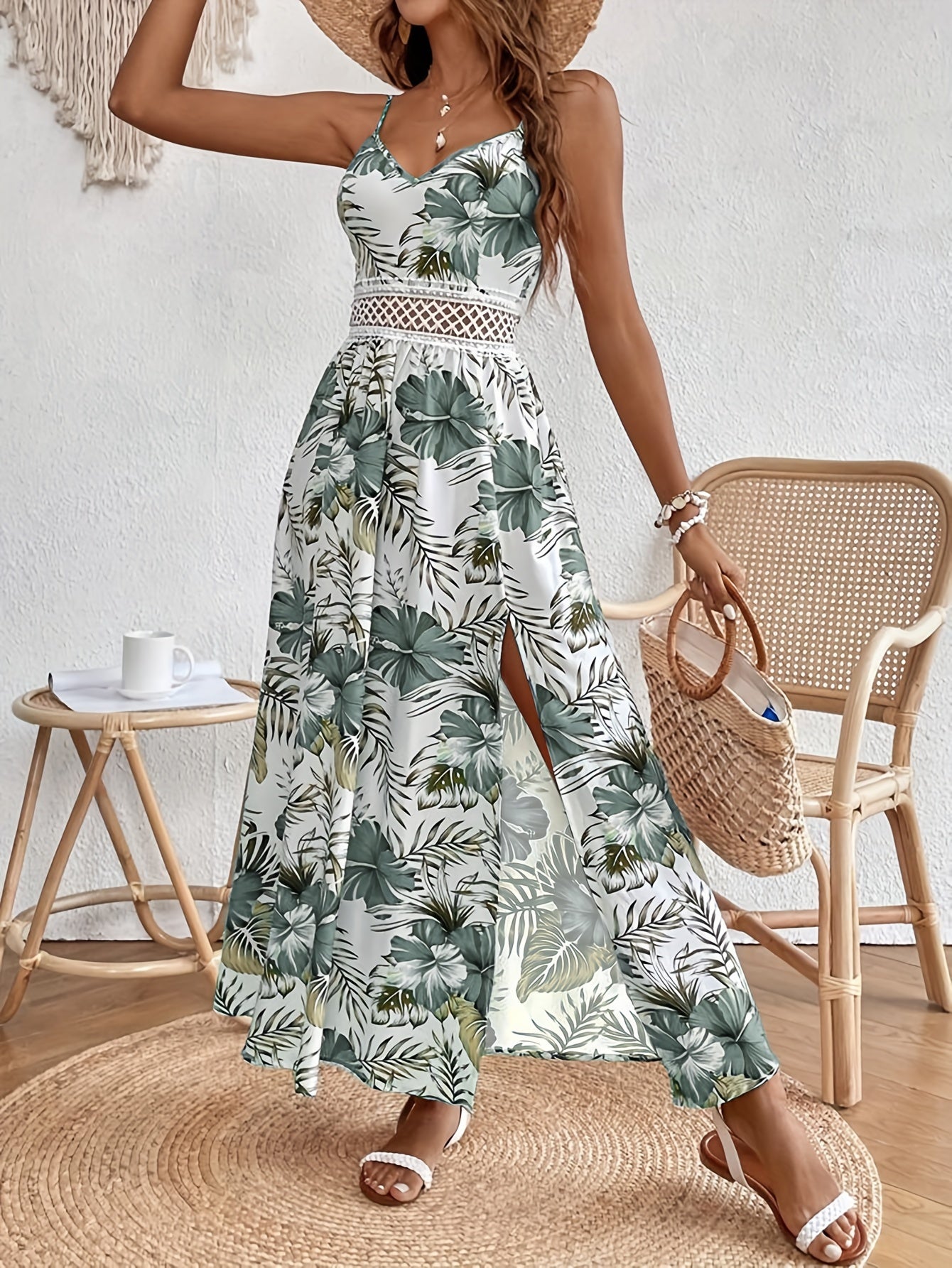 Womens Spring/Summer Chic Maxi Dress - Adjustable Spaghetti Straps, Floral Print, Elegant High Slit - Versatile Day-to-Night Wear