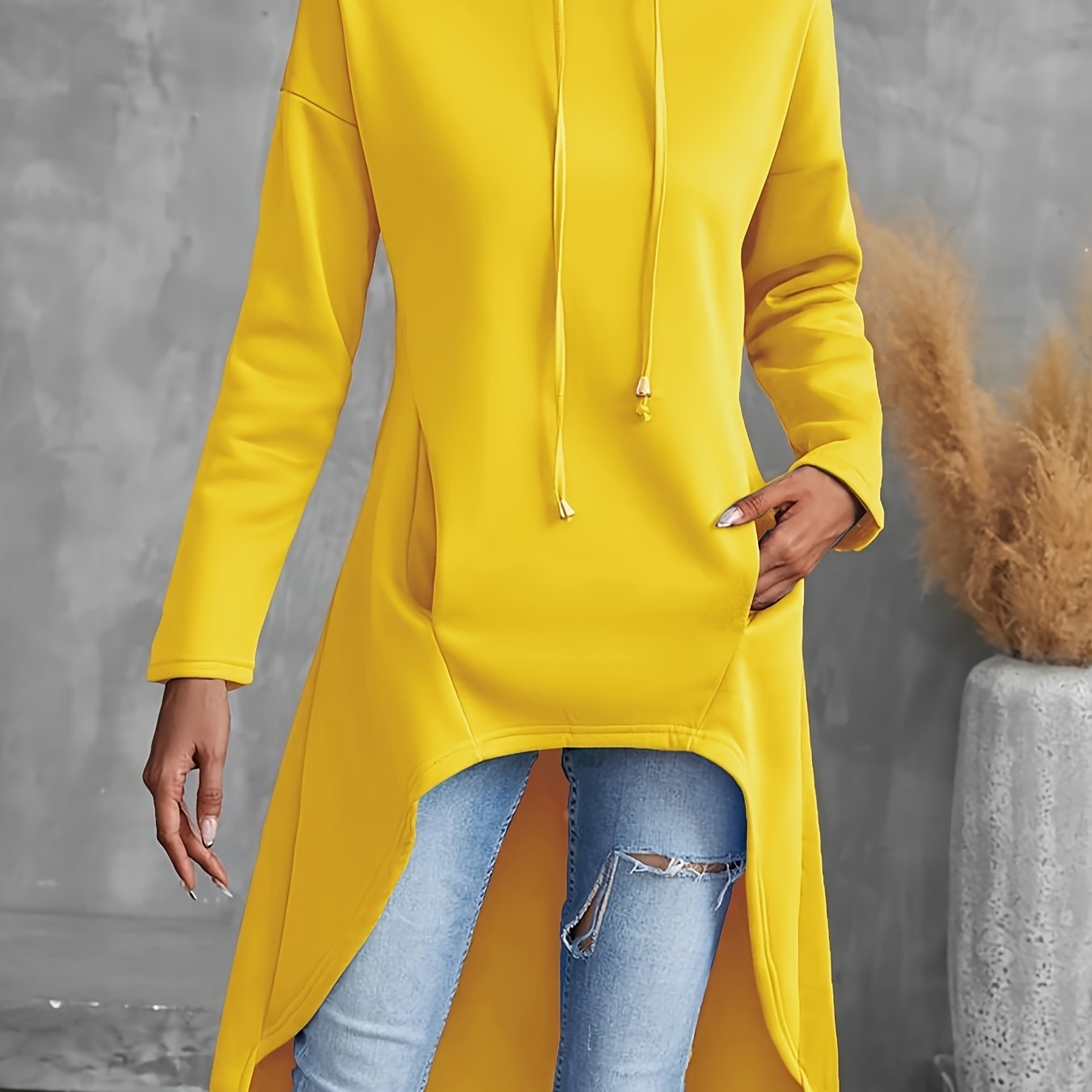 Solid Color Hig - low Hoodie, Casual Long Sleeve Drawstring Hoodie Sweatshirt, Women's Clothing - veyora