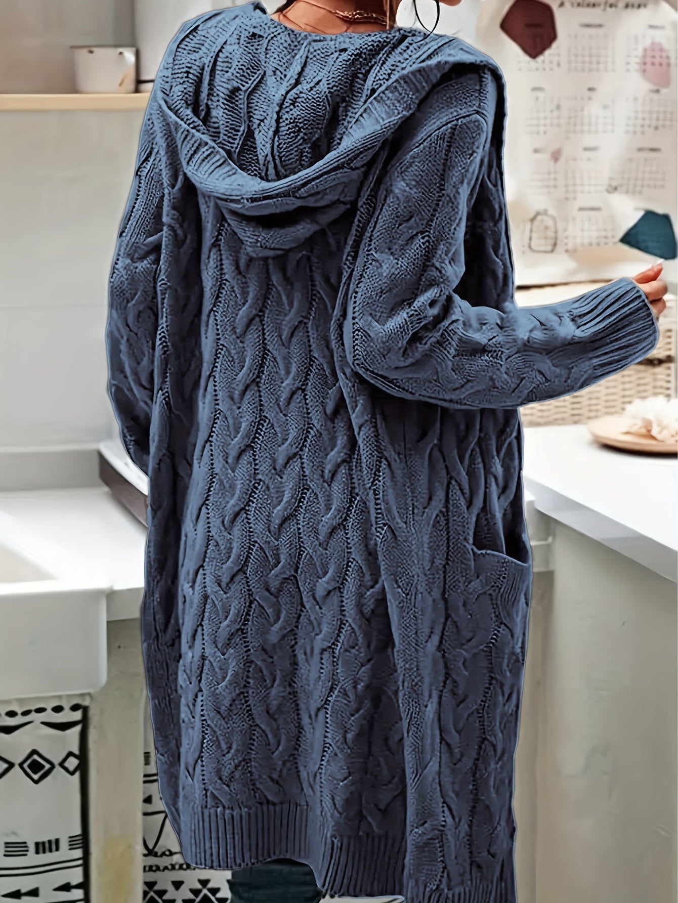 [Cozy Cable Knit Cardigan] Cozy Acrylic Sweater Coat - Women's Long Hooded Knit Cardigan with Cable Knit Pattern, Front Pockets - Machine Washable, Winter Layering, Open Front Cardigan, Buttonless Cardigan