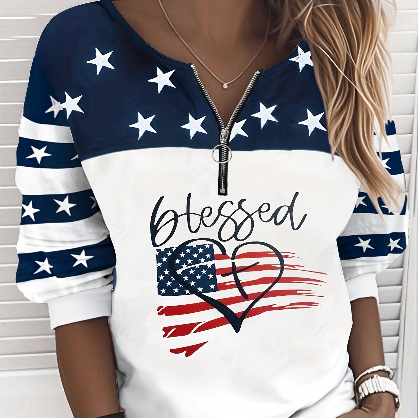 Women's flag blessing sweatshirt casual striped print jumper zip top - veyora