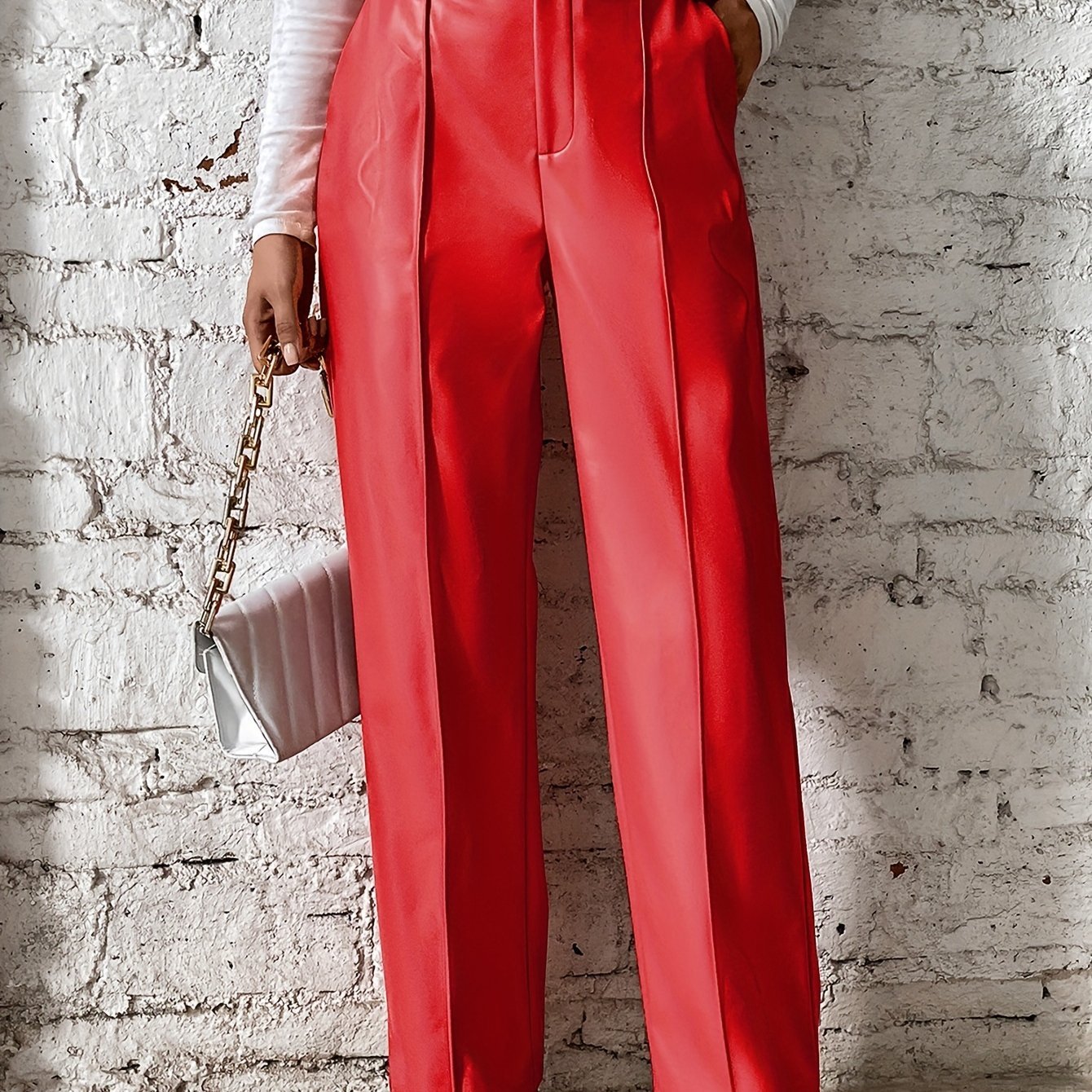 Women'S PU Faux Leather Straight - Leg Pants Featuring a Center Crease on The Front of The Legs, a Button Closure at The Waist, And a Zipper Fly, Combining Casual And Sexy Styles - veyora