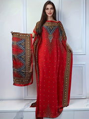 [Elegant Print Abaya] Elegant Abaya - Print Boat Neck Loose Dress With Scarf For Spring & Summer, Women's Clothing