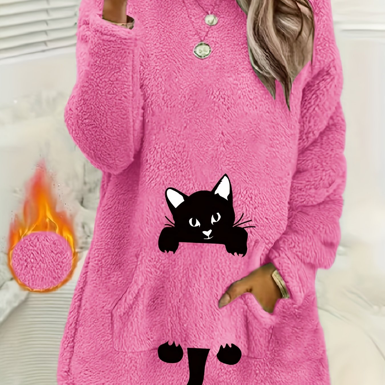 Women's Geometric Print Fleece Pullover Sweatshirt - Soft Long Sleeve Round Neck with Pockets, Machine Washable Casual Winter Wear, Elegant Regular Fit for All Seasons, Cute Sweatshirts, Allseason Apparel, Comfortable Pockets - veyora