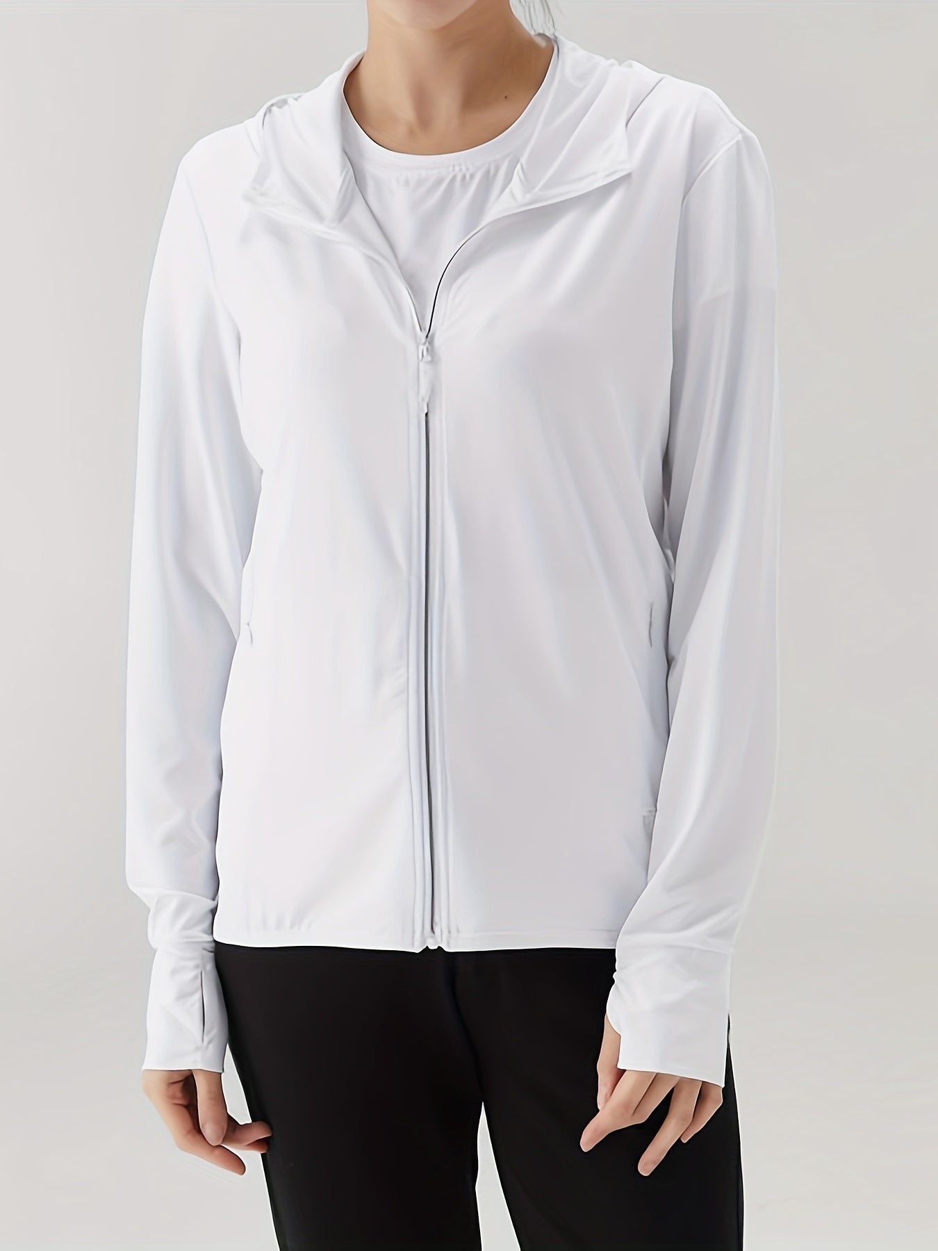 [Breathable Hooded Sweatshirt] Lightweight Breathable Women's Hooded Sweatshirt - Zip-Up Windbreaker Jacket, Polyester & Spandex Blend, Ideal for Sports, Beach, Travel & Fishing, Solid White