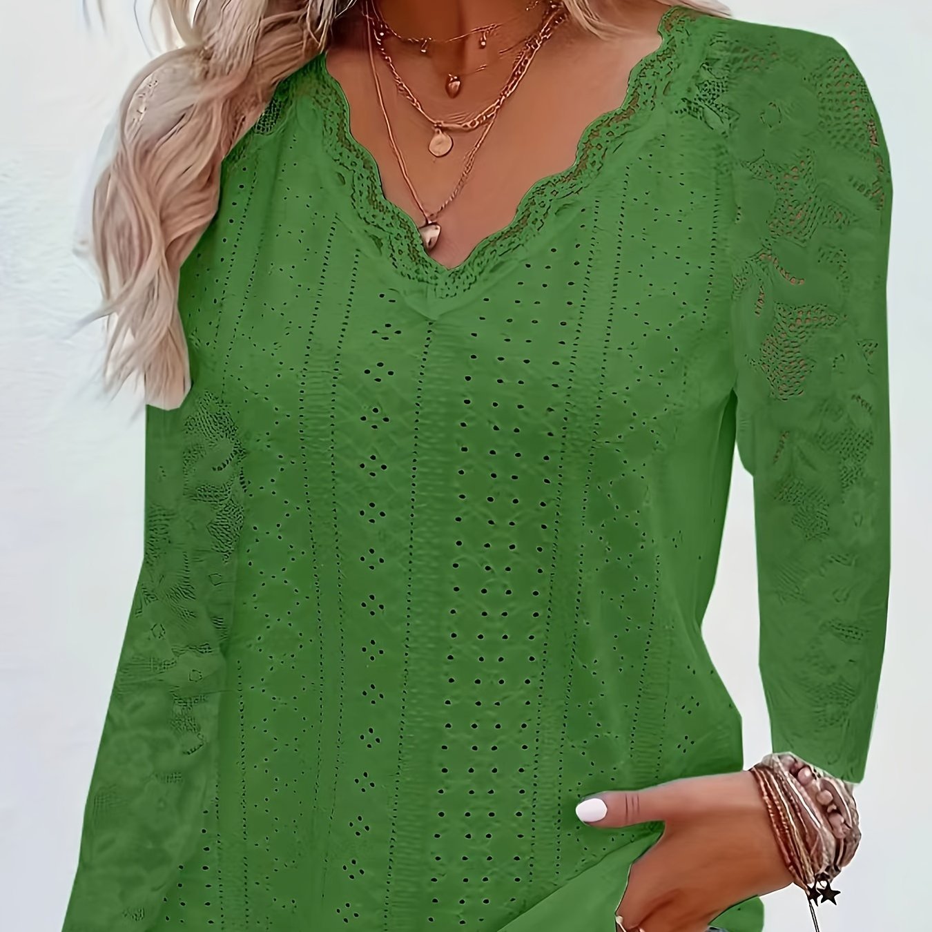 Contrast Lace V - neck Eyelet T-Shirt, Elegant Long Sleeve T-Shirt For Spring & Fall, Women's Clothing - veyora