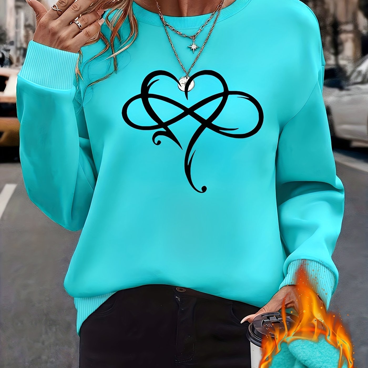Women'S Long - Sleeve Round - Neck Fleece Sweatshirt with Heart - Shaped Creative Design - veyora