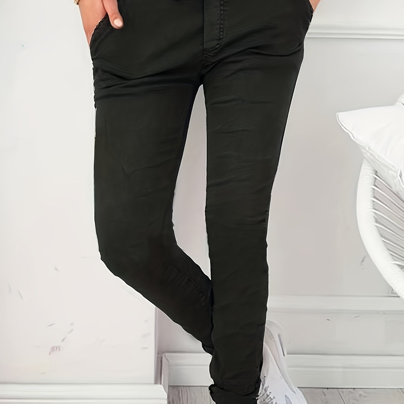 Women's Stretchy Solid Color Casual Pants - High Waist, Drawstring, with Pockets | Machine Washable | Perfect for Spring/Fall - veyora