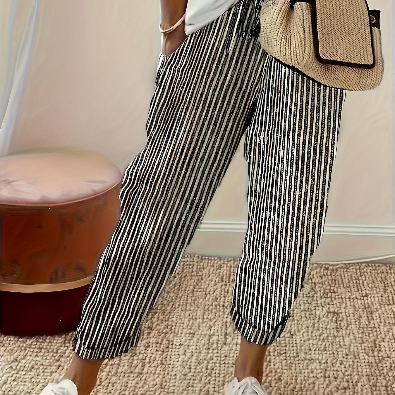 Striped Casual Straight - leg Women's Trousers with Ties - veyora