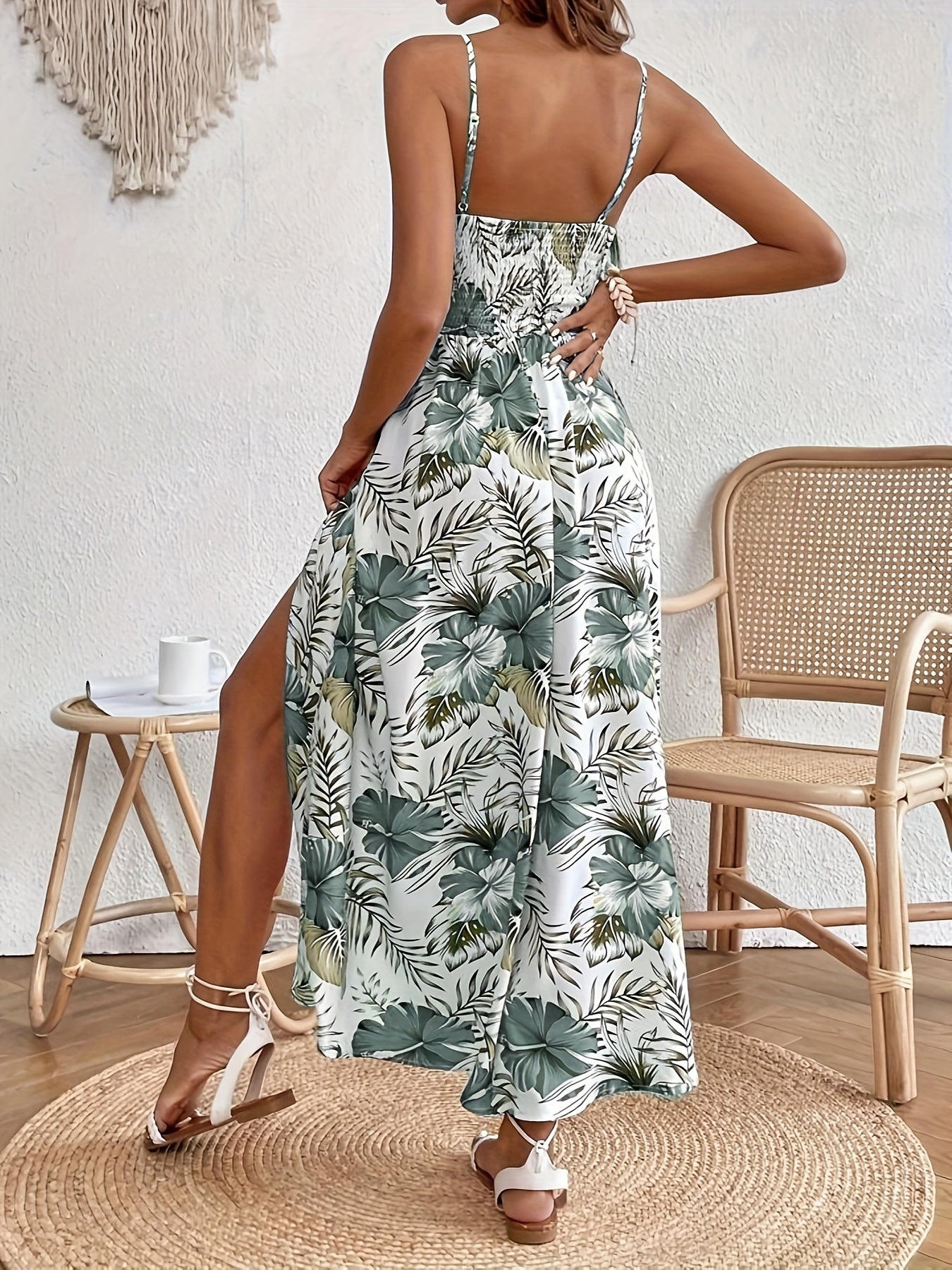 Womens Spring/Summer Chic Maxi Dress - Adjustable Spaghetti Straps, Floral Print, Elegant High Slit - Versatile Day-to-Night Wear