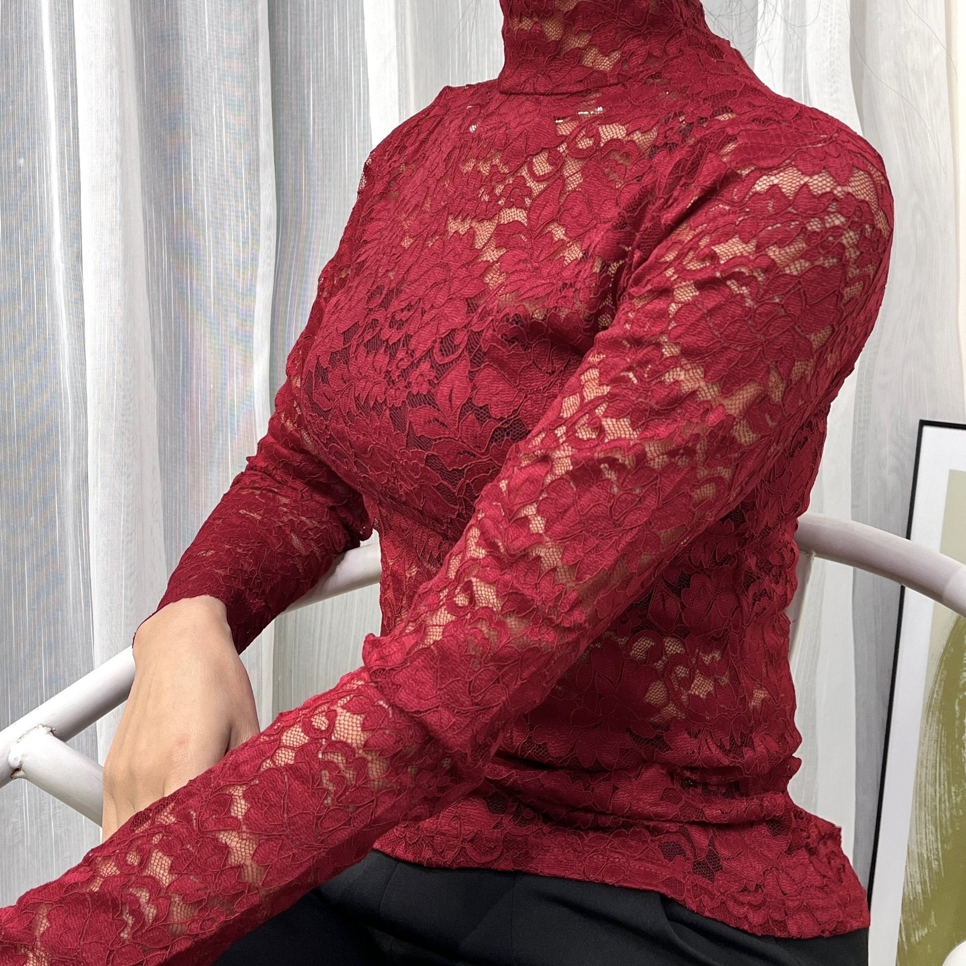 Lace Mock Neck Slim Top, Sexy Long Sleeve Top For Spring & Fall, Women's Clothing - veyora