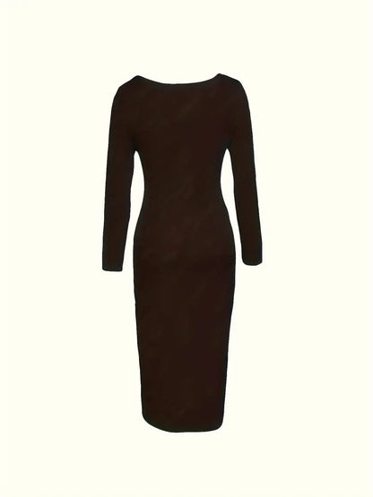 Squared Neck Solid Maxi Dress, Casual Long Sleeve Bodycon Dress, Women's Clothing