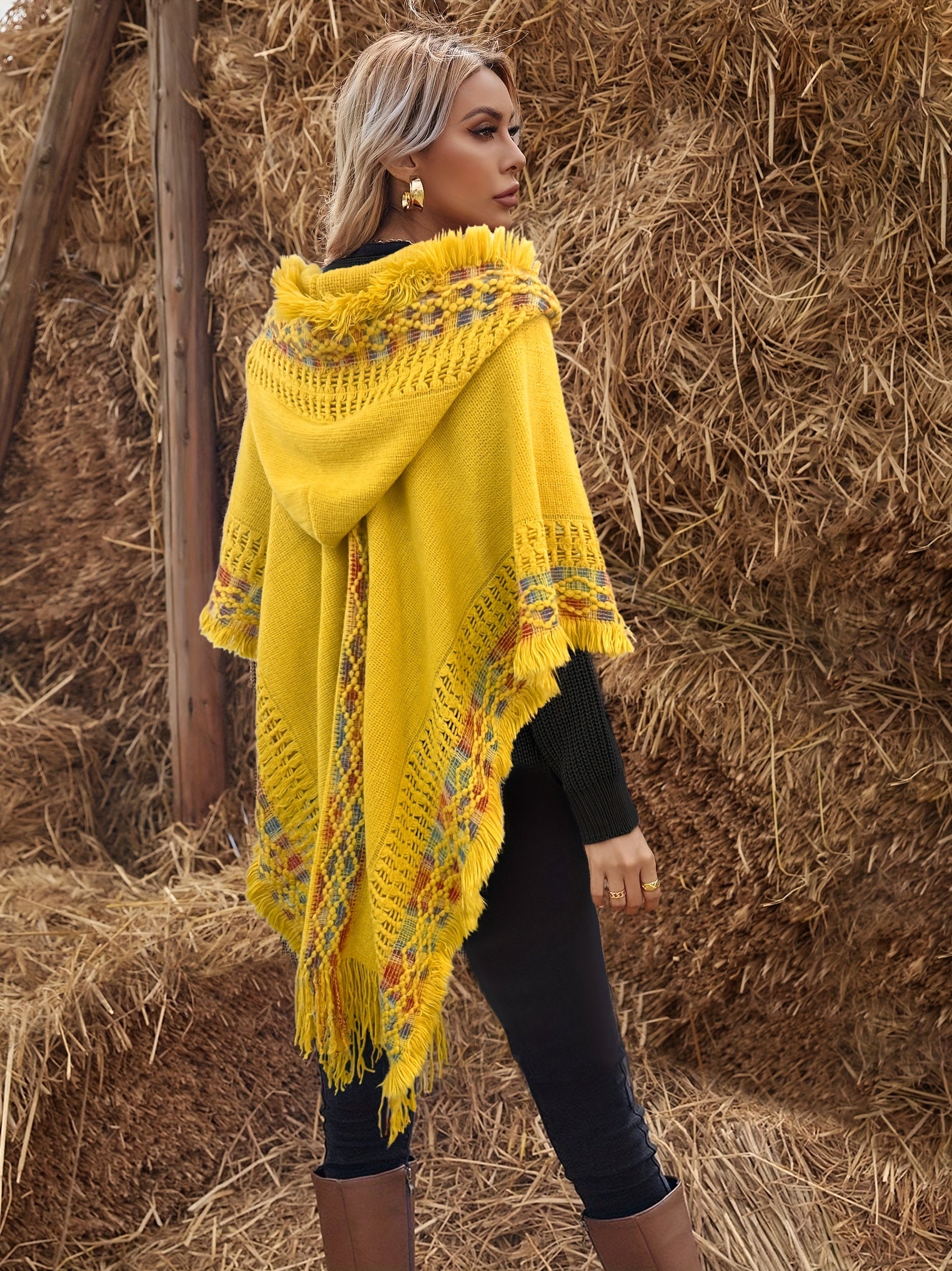 Elegant Fabric Comfortable High - Elastic Soft Hooded Yellow Fringe Cape for Chinese New Year - veyora