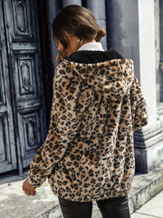 Stylish Leopard Print Zipper Hooded Teddy Coat - Soft, Warm, Versatile Long Sleeve Thermal Outwear for Fall & Winter - Women's Fashionable Outerwear for Casual Daily Life, Outdoor Activities, and Travel