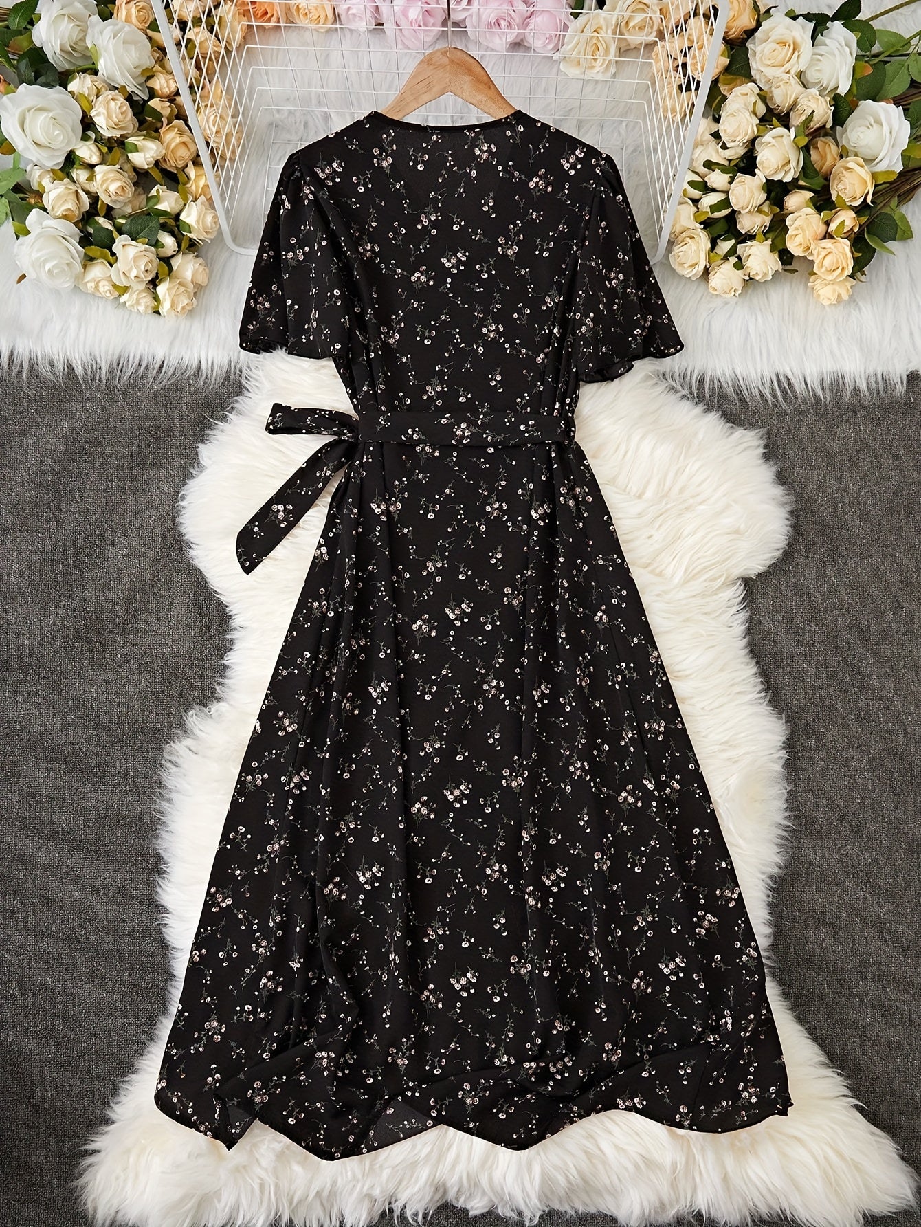 Elegant Short Sleeve Floral Print Surplice Neck Tie Waist Ruffle Hem Dress, Women's Clothing