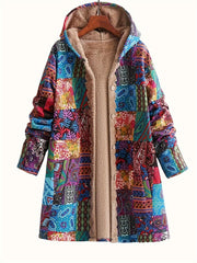 New Autumn/Winter Women's Printed - Lined Thickened Single - Breasted Hooded Long - Sleeve Jacket with Pockets - veyora