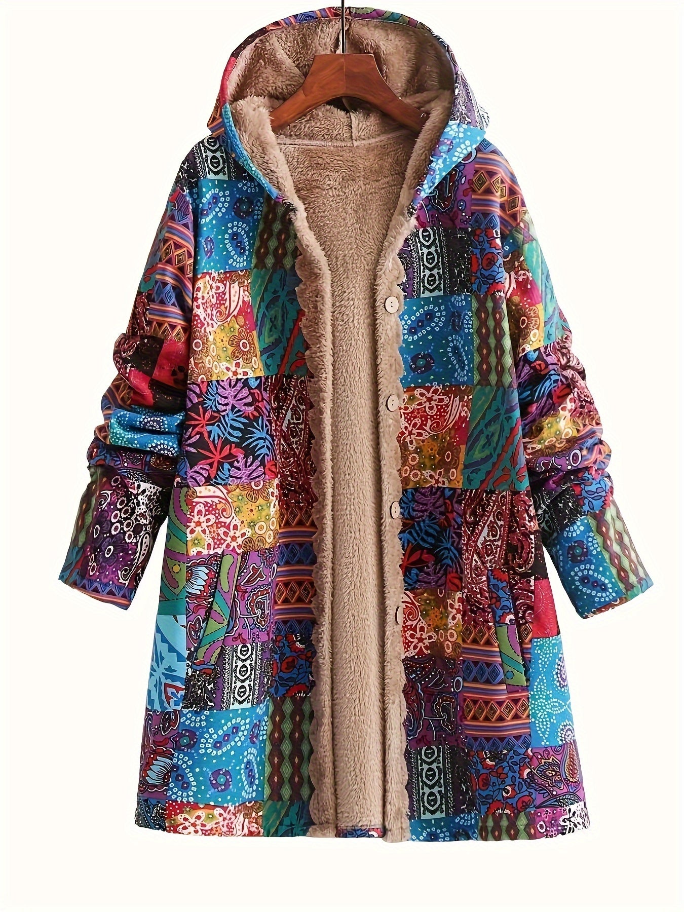 New Autumn/Winter Women's Printed - Lined Thickened Single - Breasted Hooded Long - Sleeve Jacket with Pockets - veyora