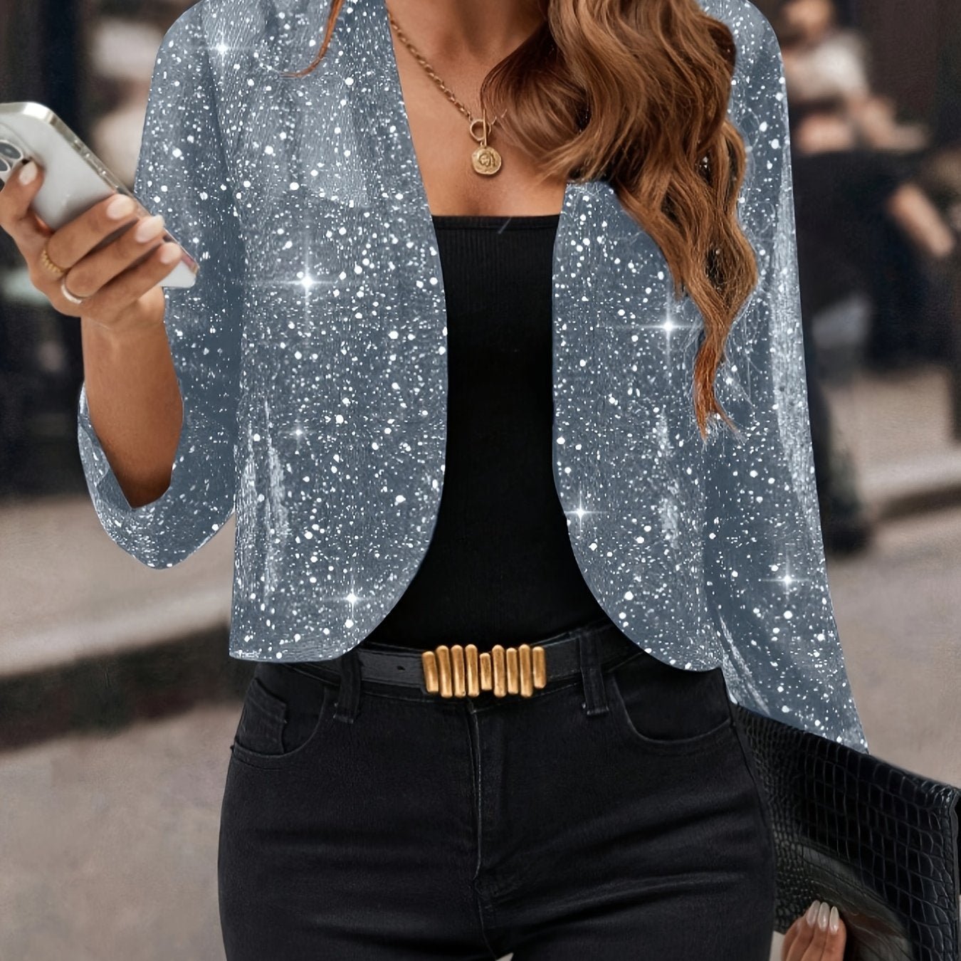 Women's Glitter Sequin Cardigan Jacket, Golden Foil Pleated Fabric 3/4 Sleeve Cropped Cardigan Jacket, Business Casual for Women - veyora