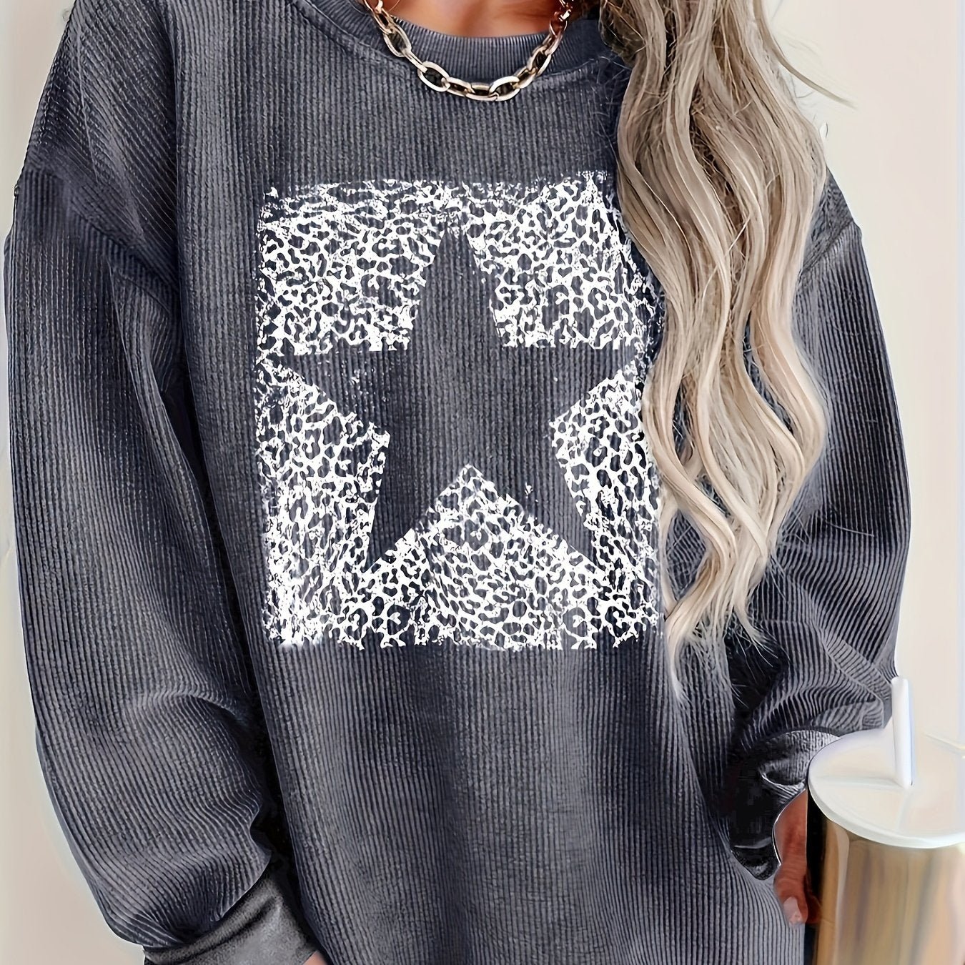 Gray Long - Sleeve Round - Neck Printed Sweatshirt - veyora