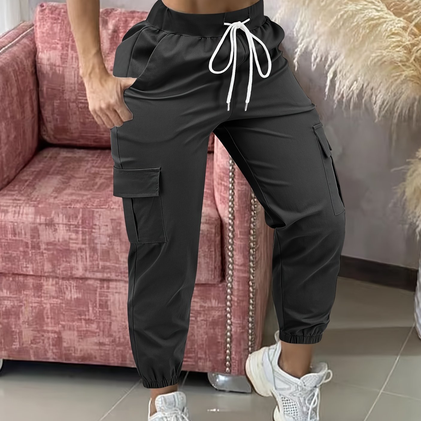 Women'S Casual Cargo Pants with Drawstring Waist, Beige, Multiple Pockets, Frayed Hem, White Sneakers, All - Season Comfort Fit, Casual Wear Pants | Frayed Hem Pants | Functional Pockets - veyora