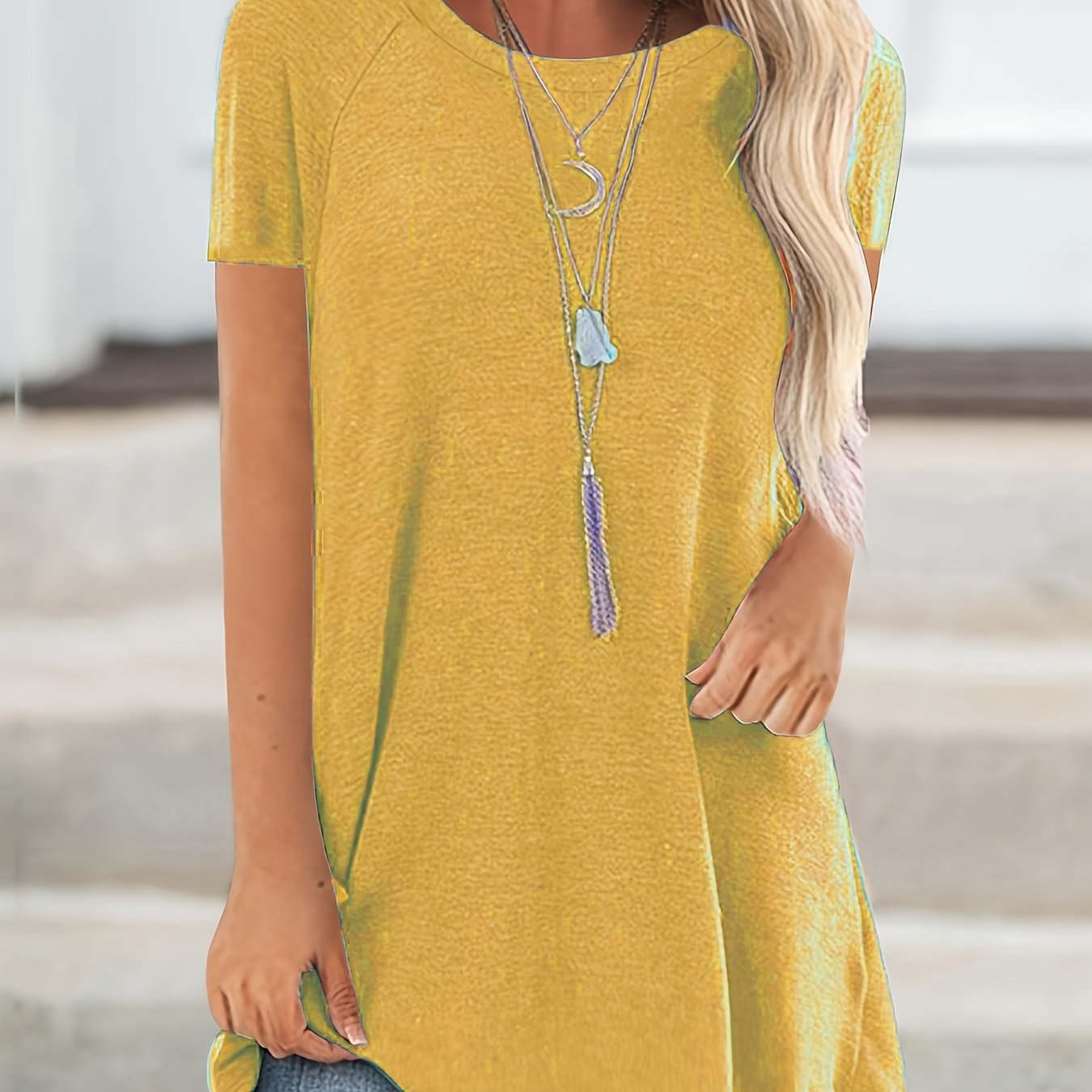 Women's Round Neck V - Neckline Longline Solid Color Short Sleeve T-Shirt - veyora