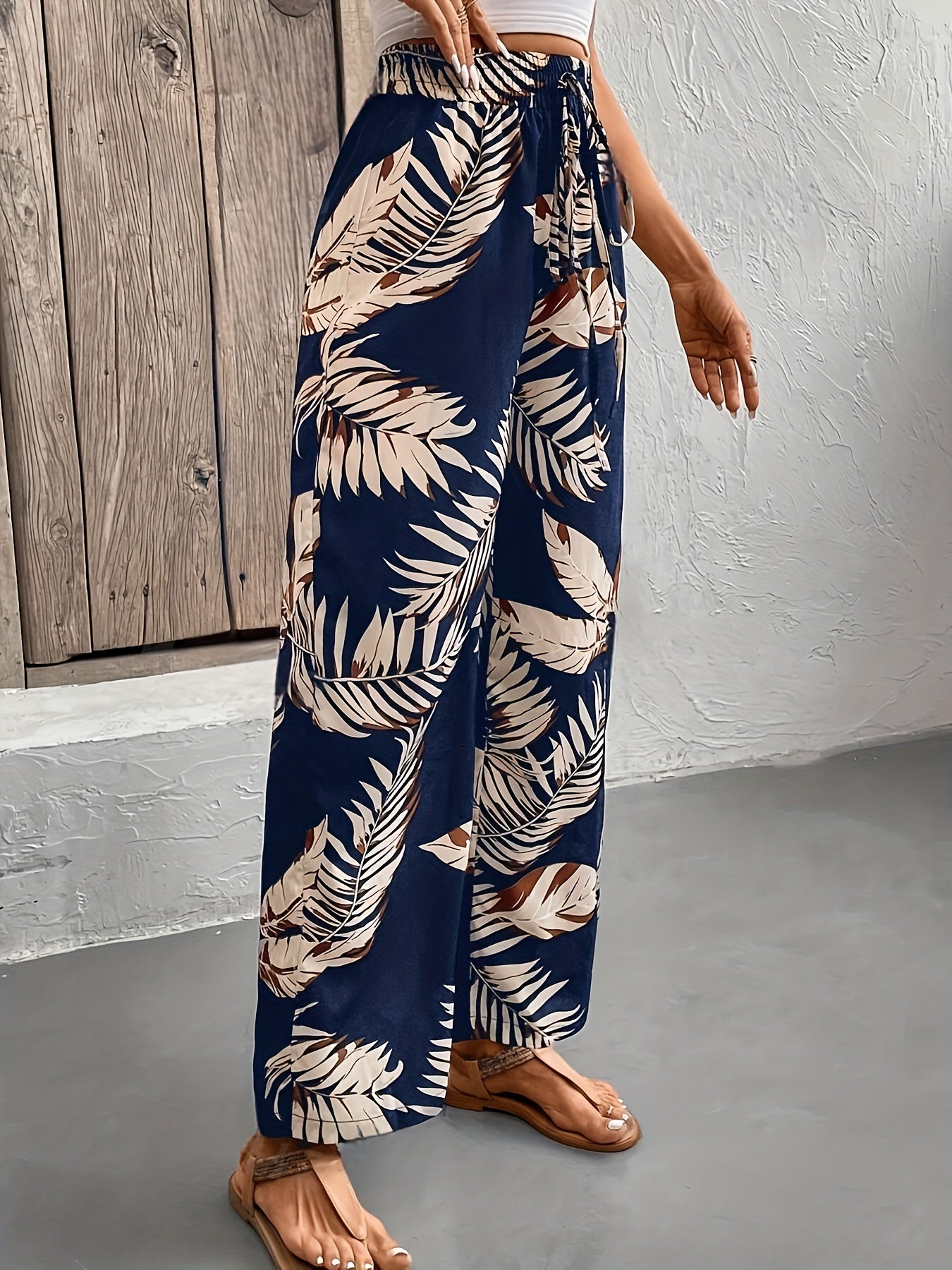 Floral Print Fake Drawstring Waist Wide Leg Pants, Casual & Versatile High Waist Pants For Spring & Summer, Women's Clothing - veyora