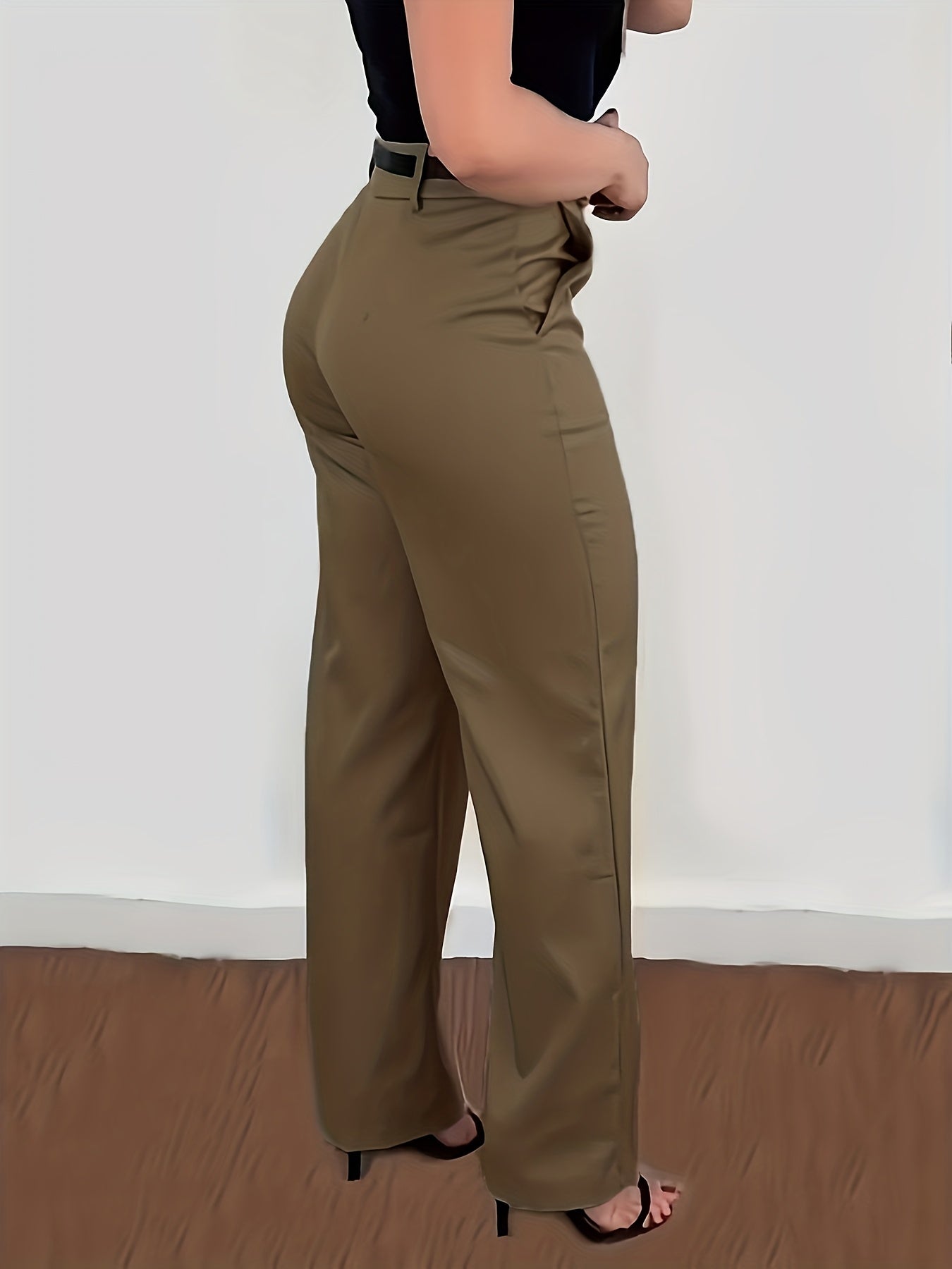 Elegant Solid Color Straight Leg Pants with Diagonal Pockets | All - season Comfort Not Included - veyora