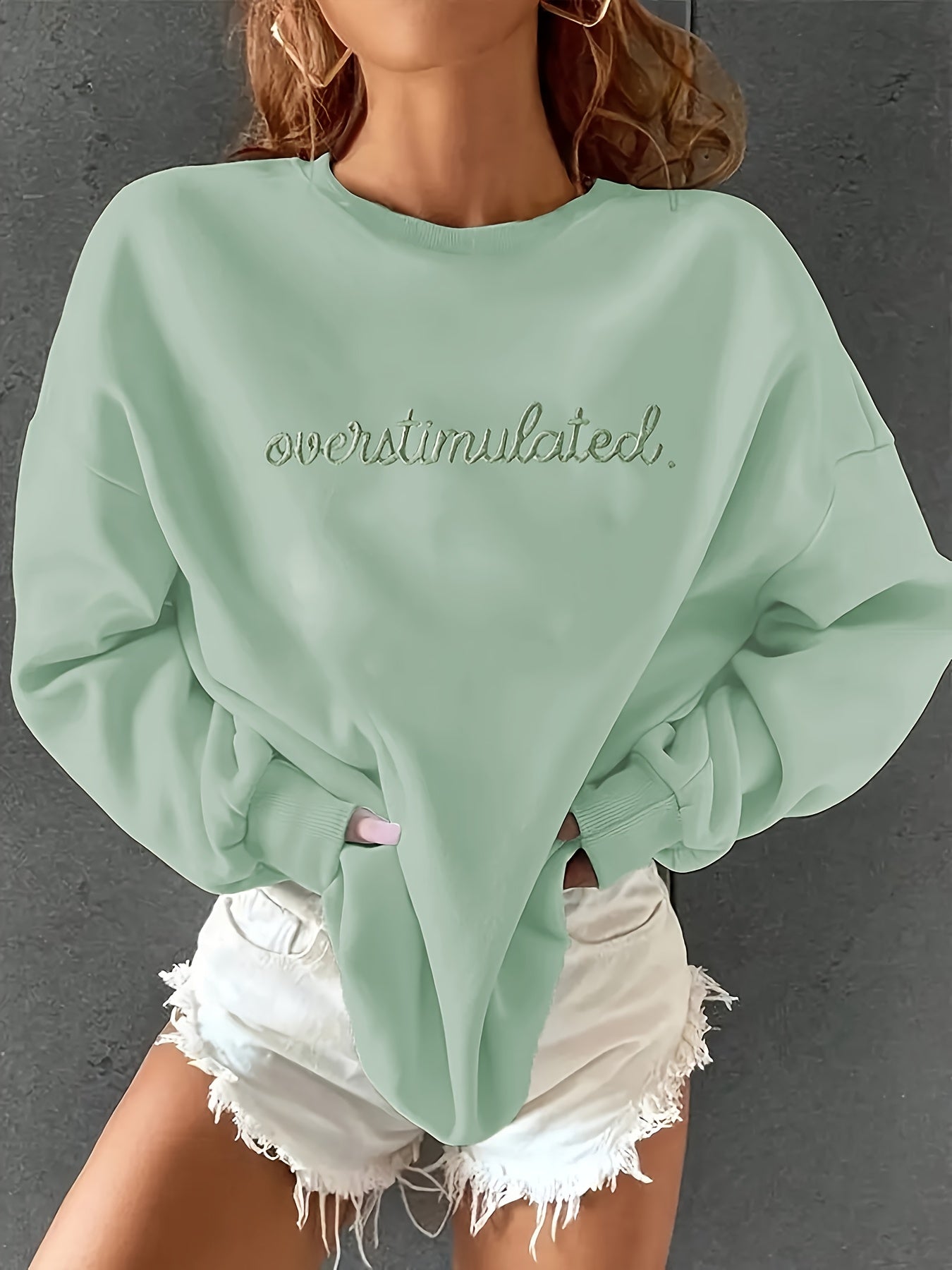 Women's Sporty Casual Letter Embroidery Crewneck Sweatshirt, Machine Washable for Autumn/Winter - veyora