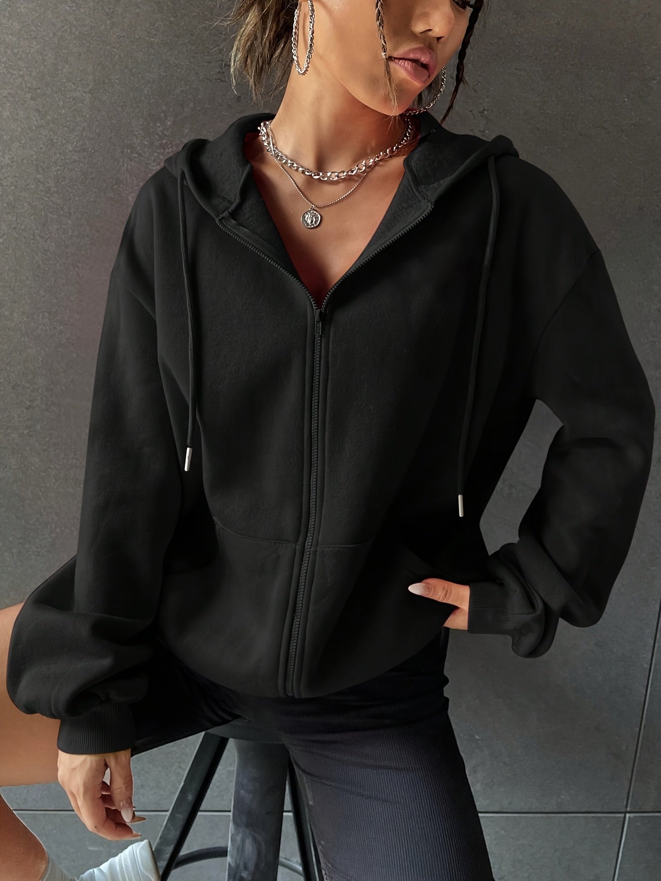 Women's Fashionable Versatile Autumn/Winter Solid Color Zipper Hooded Sweatshirt, - Lined and Thickened with Kangaroo Pocket, Casual Sporty Cardigan Top - veyora