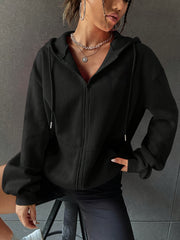 Women's Fashionable Versatile Autumn/Winter Solid Color Zipper Hooded Sweatshirt, - Lined and Thickened with Kangaroo Pocket, Casual Sporty Cardigan Top - veyora