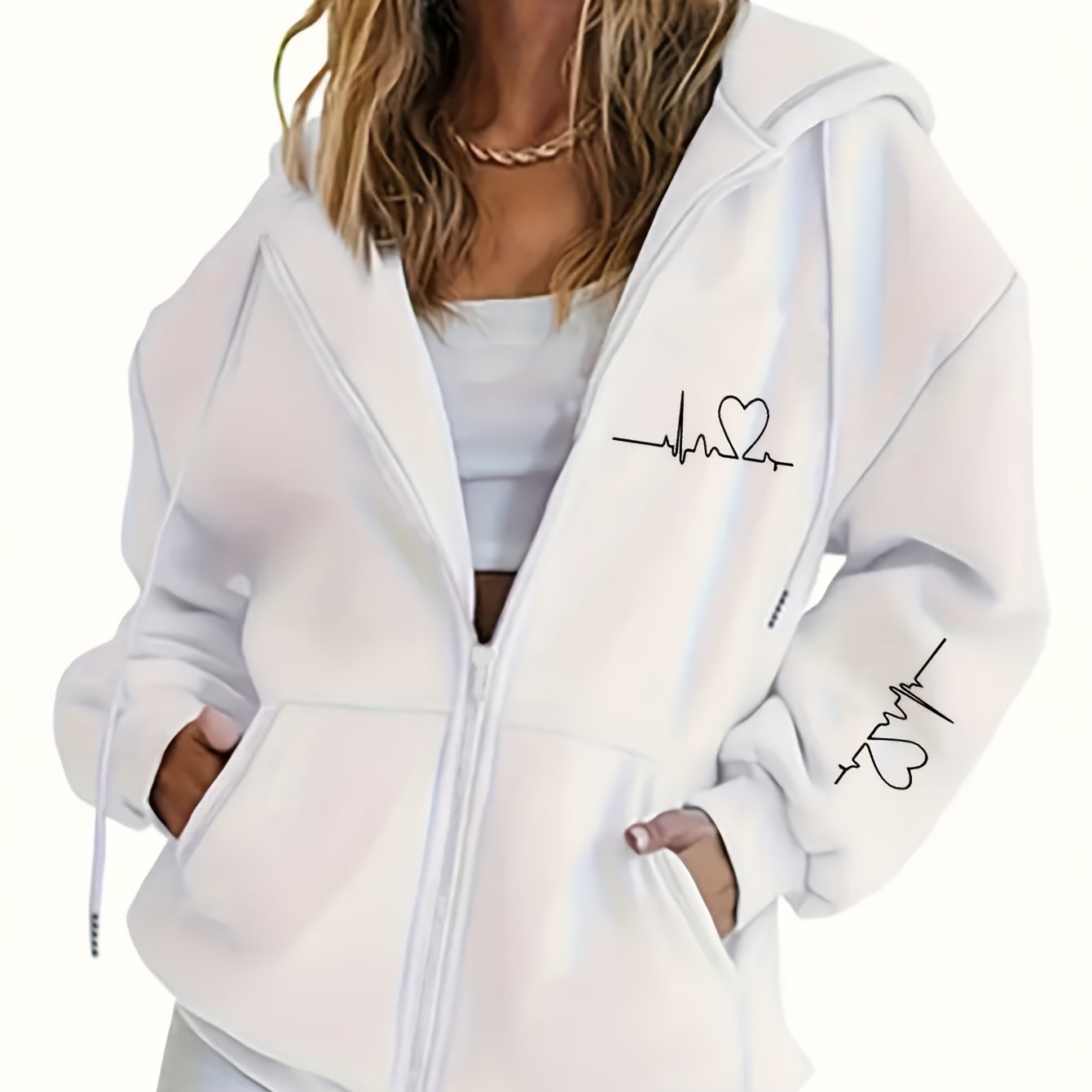 Women's Thick - Lined Hooded Zip - Up Sweatshirt, Warm and Comfortable Geometric Print Top Sweatshirt Jacket with Drawstring Hood, Kangaroo Pocket, for Casual Streetwear, Autumn/Winter Warm Long - Sleeve Pullover Sweatshirt - veyora