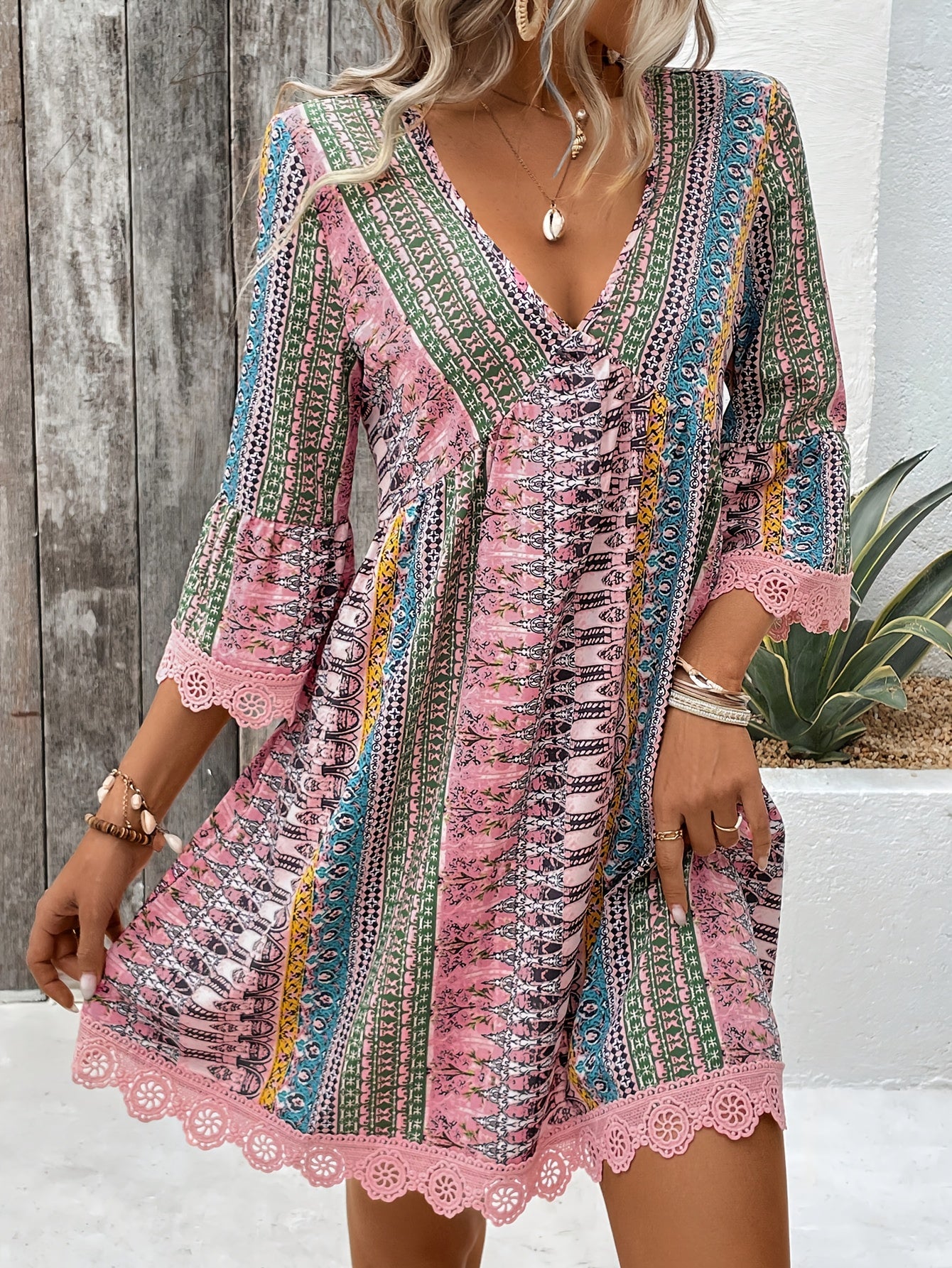 Women's Elegant V-Neck Dress with Lace Trim - Colorful Striped and Floral Print, Lightweight Polyester Blend, Perfect for Summer, Relaxed Fit Dress|Patterned Dress|Smooth Texture, Cute Dresses