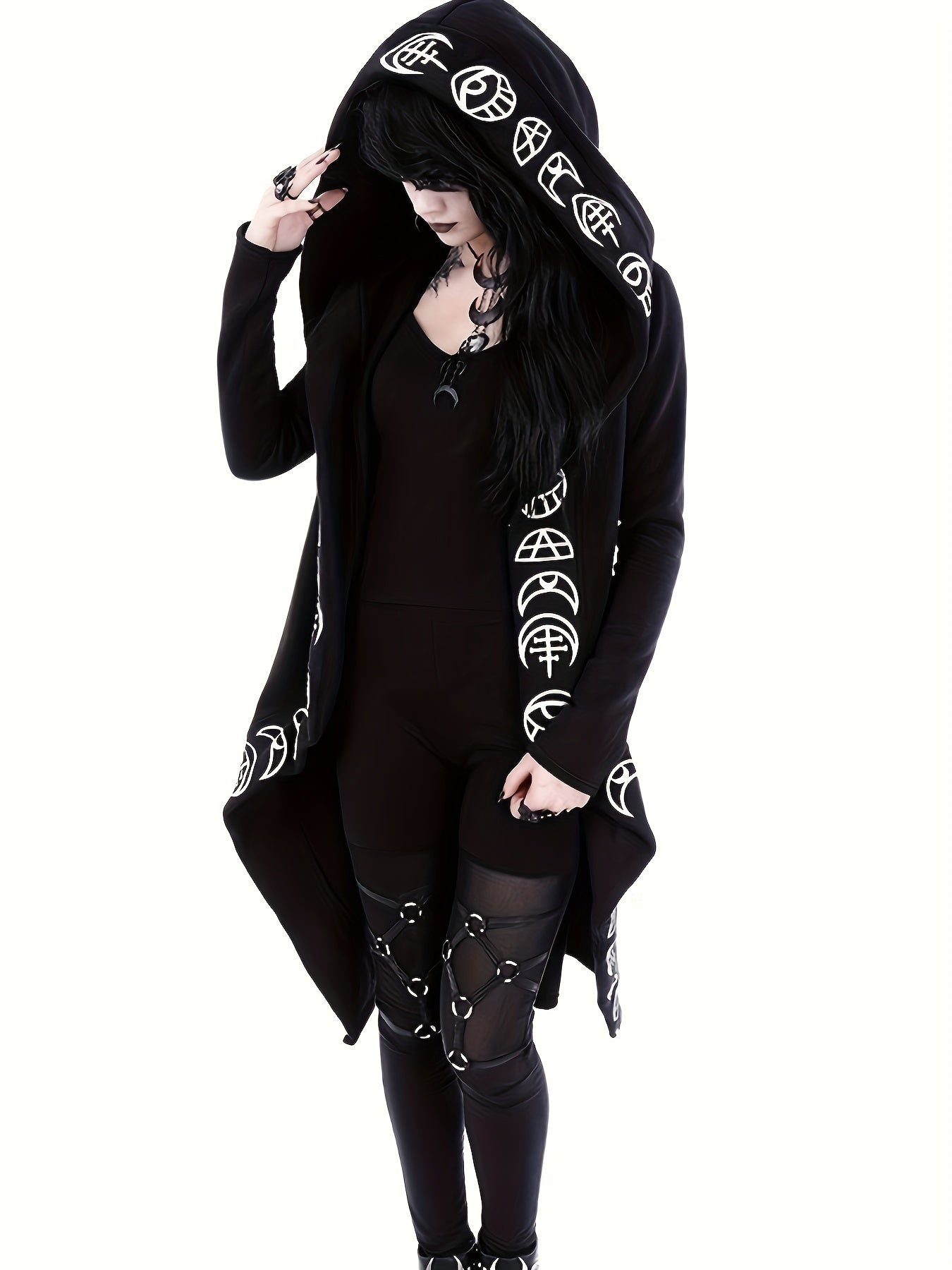 Women'S Hooded Cardigan with Witchcraft Pattern, Gothic Style, Long Sleeves with Hood - veyora