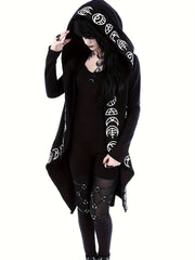 Women'S Hooded Cardigan with Witchcraft Pattern, Gothic Style, Long Sleeves with Hood - veyora