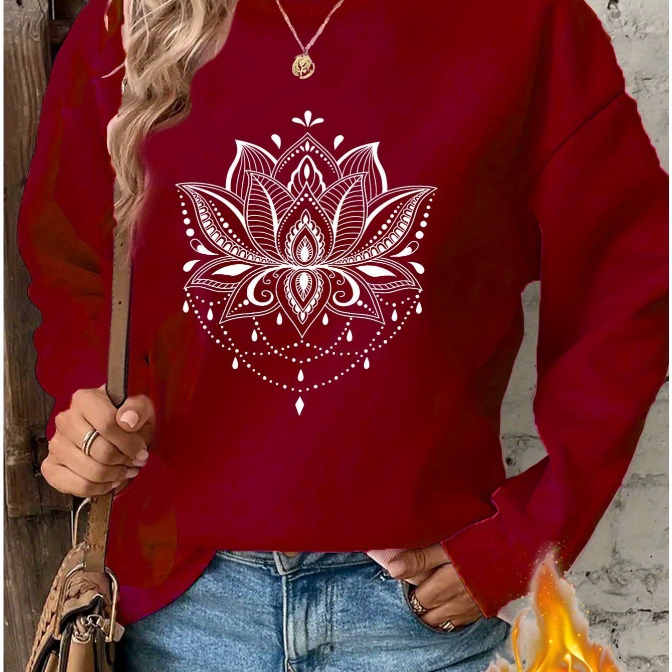 Mandala for Lotus Pattern Print Women's Daily Casual Plus Thickened Pullover Sweater - veyora