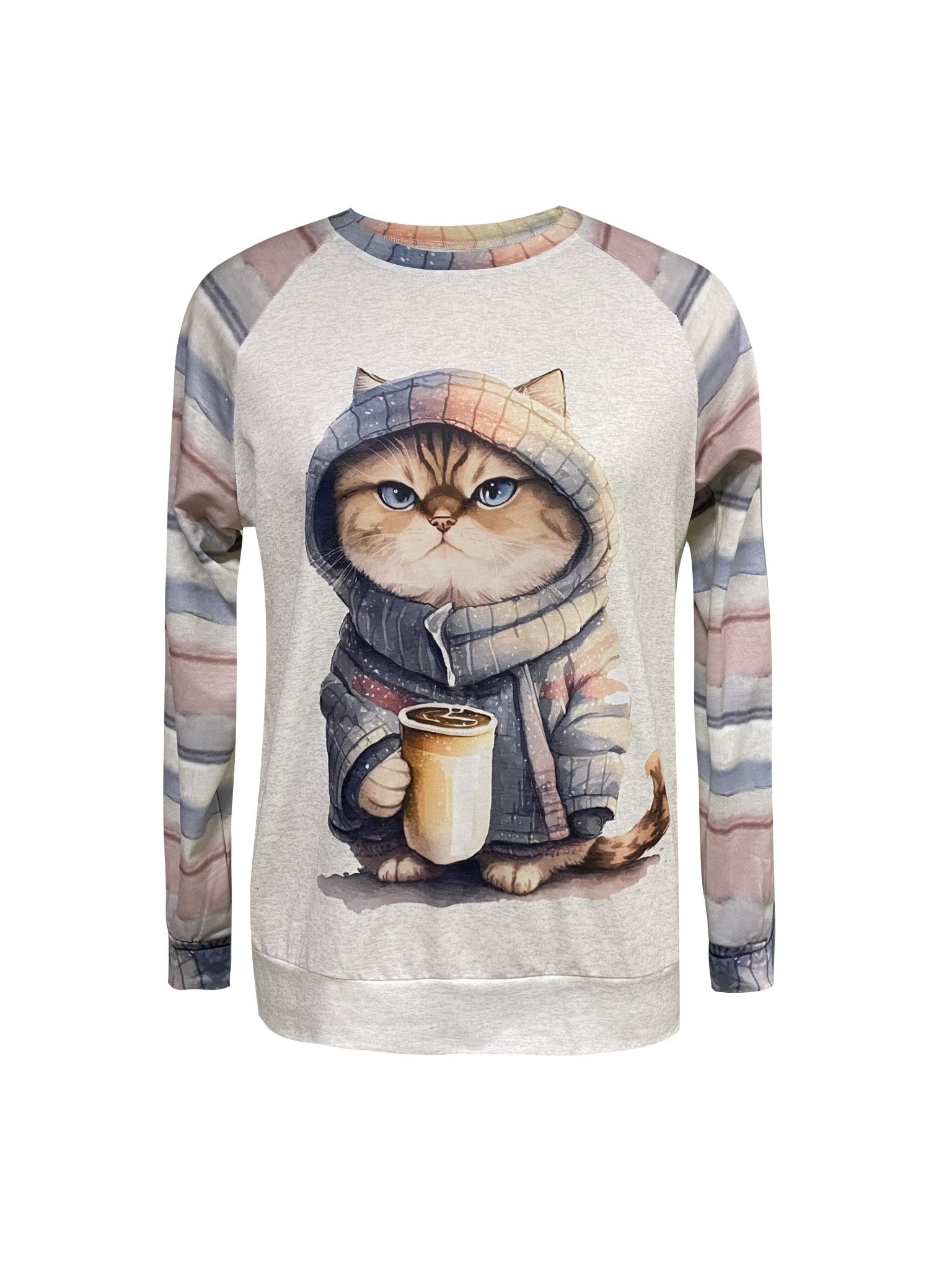 Kitten Print Crew Neck Sweatshirt, Casual Long Sleeve Drop Shoulder Sweatshirt, Women's Clothing - veyora